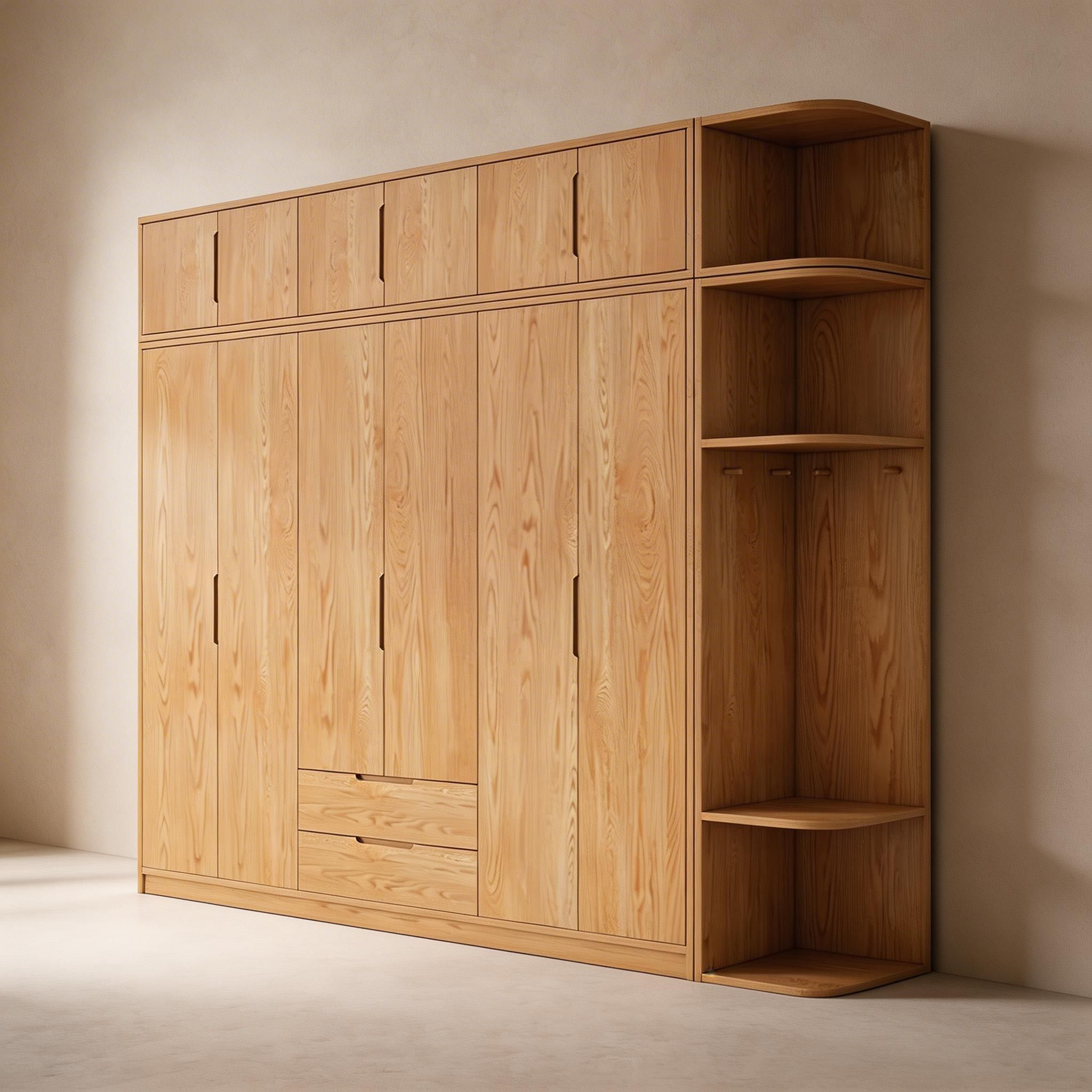 Modern Natural Wood Wardrobe Armoire with Sliding Doors, Drawers, and Shelves - image 24