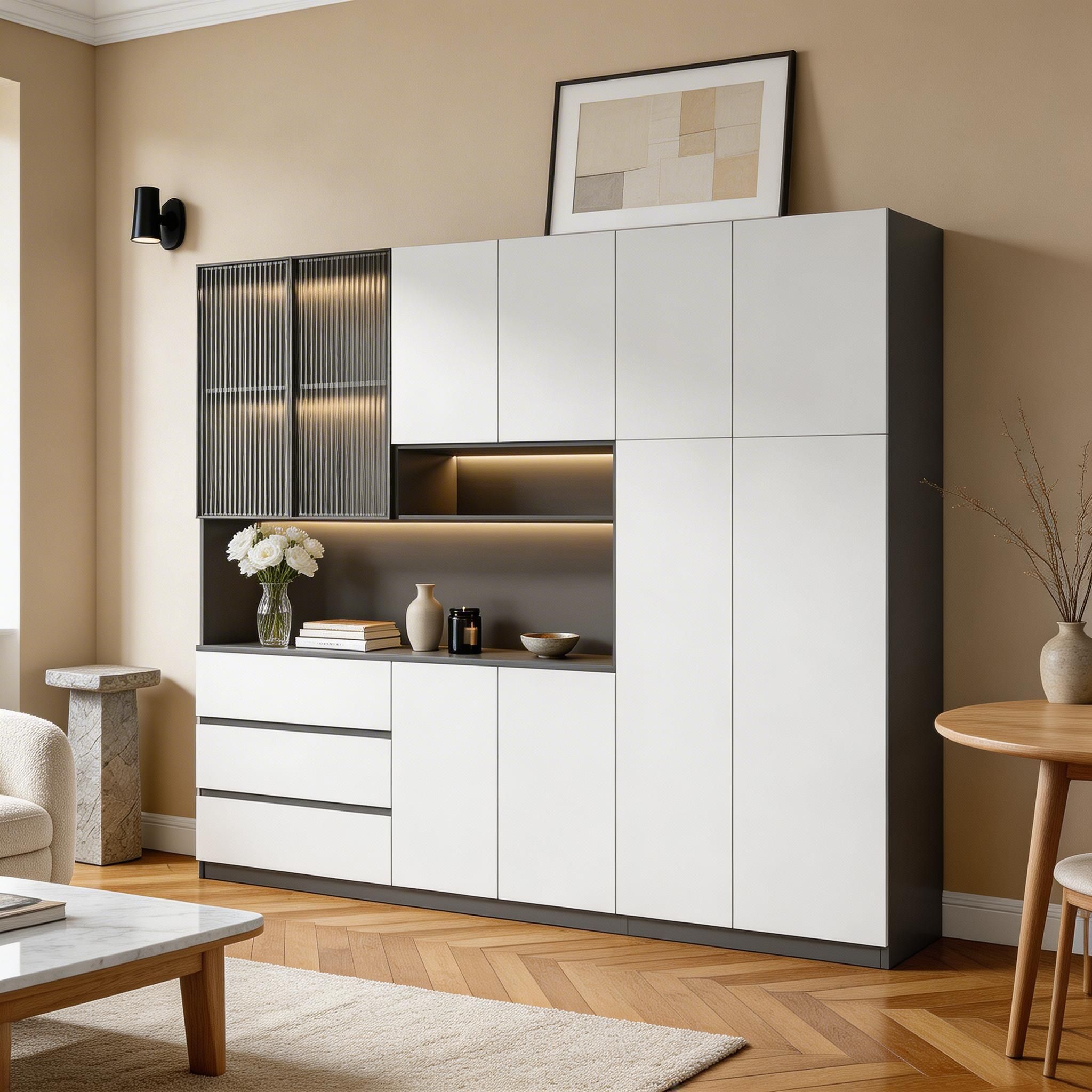 Trendy Sideboard with 3 Drawers, Cupboard, Wide/Standard/Narrow Sizes, 2/1 Shelves, Cabinets, and Glass-panel Door - image 24