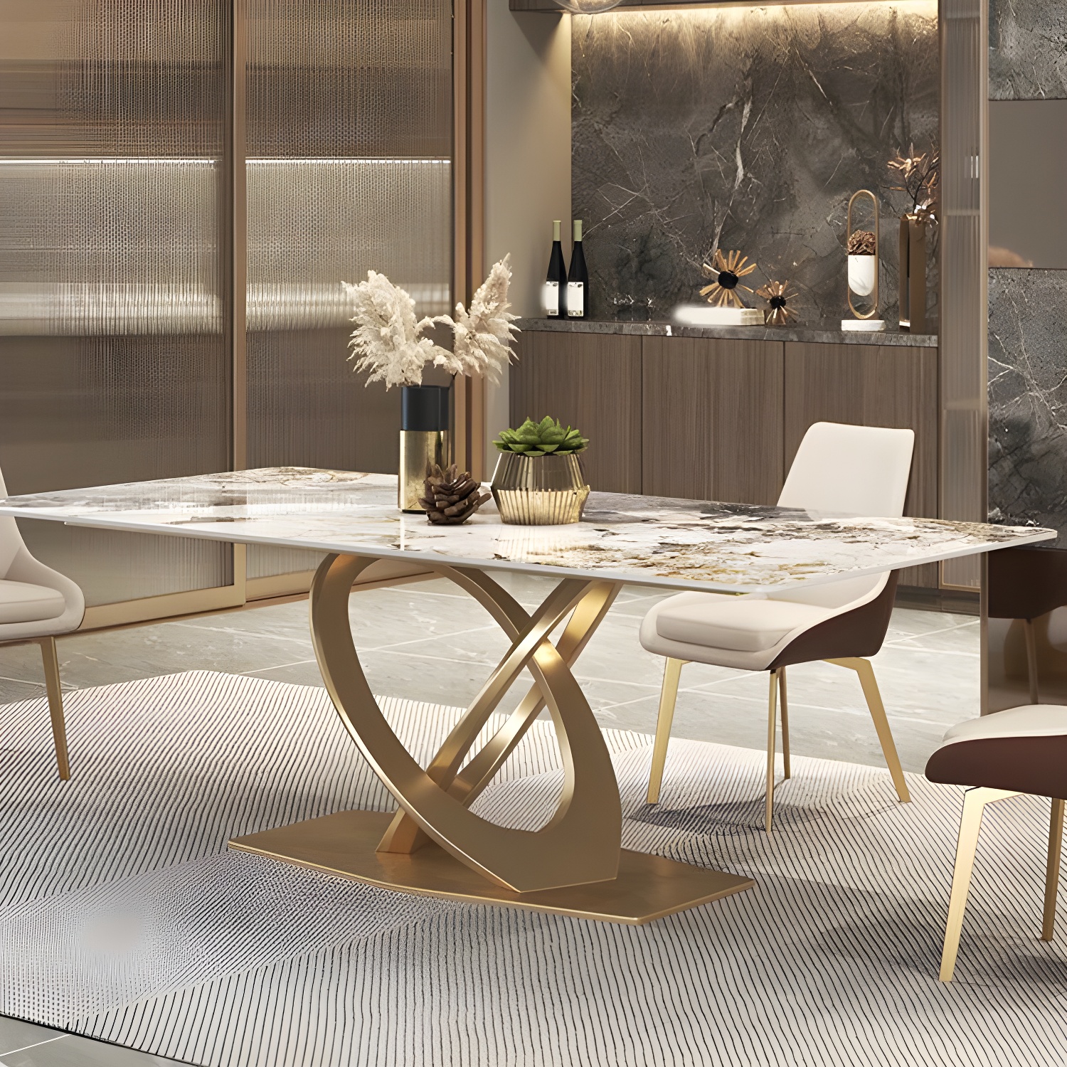 Glossy Beige Dining Table Set 1/2/5/7 Pcs Glam Dinette Set with Leather Chairs - image 7