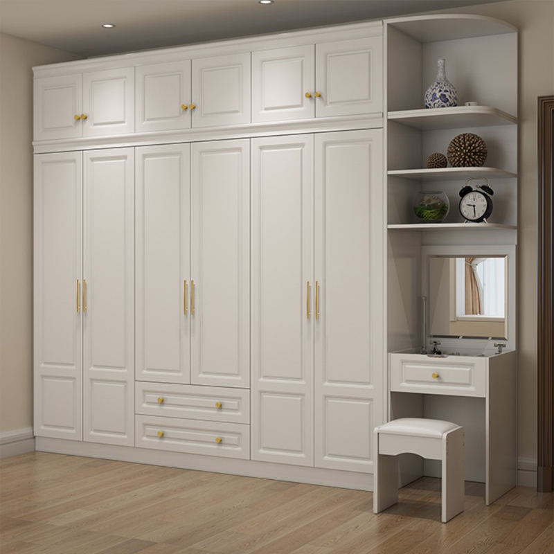 Art Deco Chalk Manufactured Wood Free Standing Interior Shelves Wardrobe with Soft Close Drawer and Hanging Rod