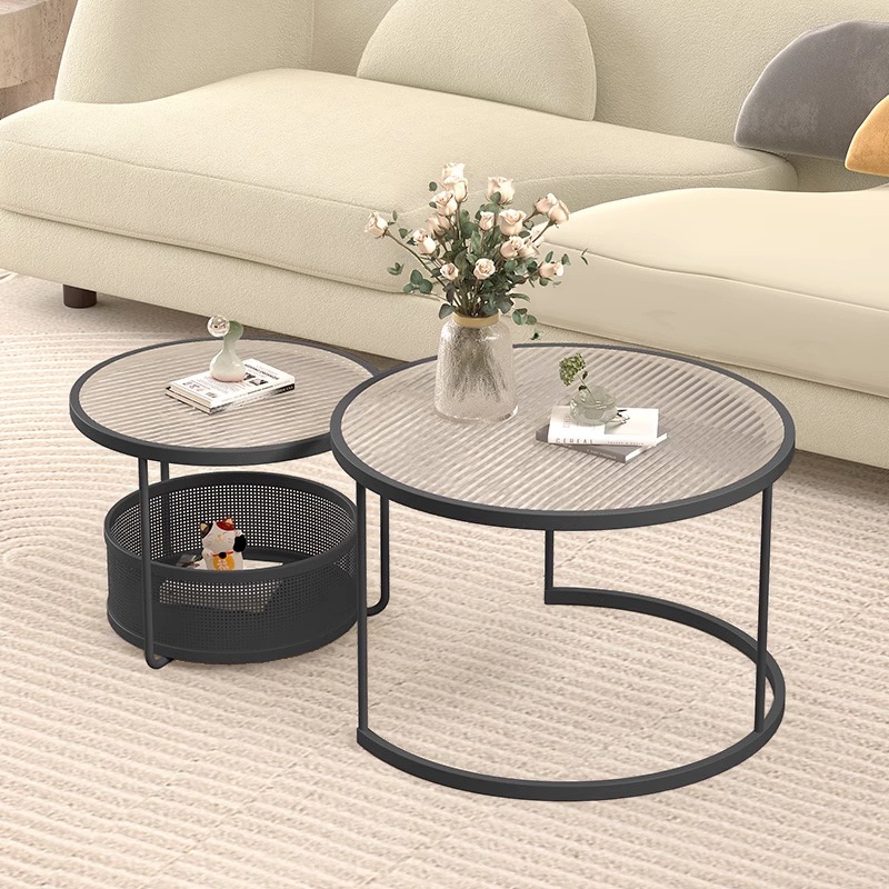 Tan/Transparent Glass Top Nested Accent Table with Frame Base and Stockroom Storage