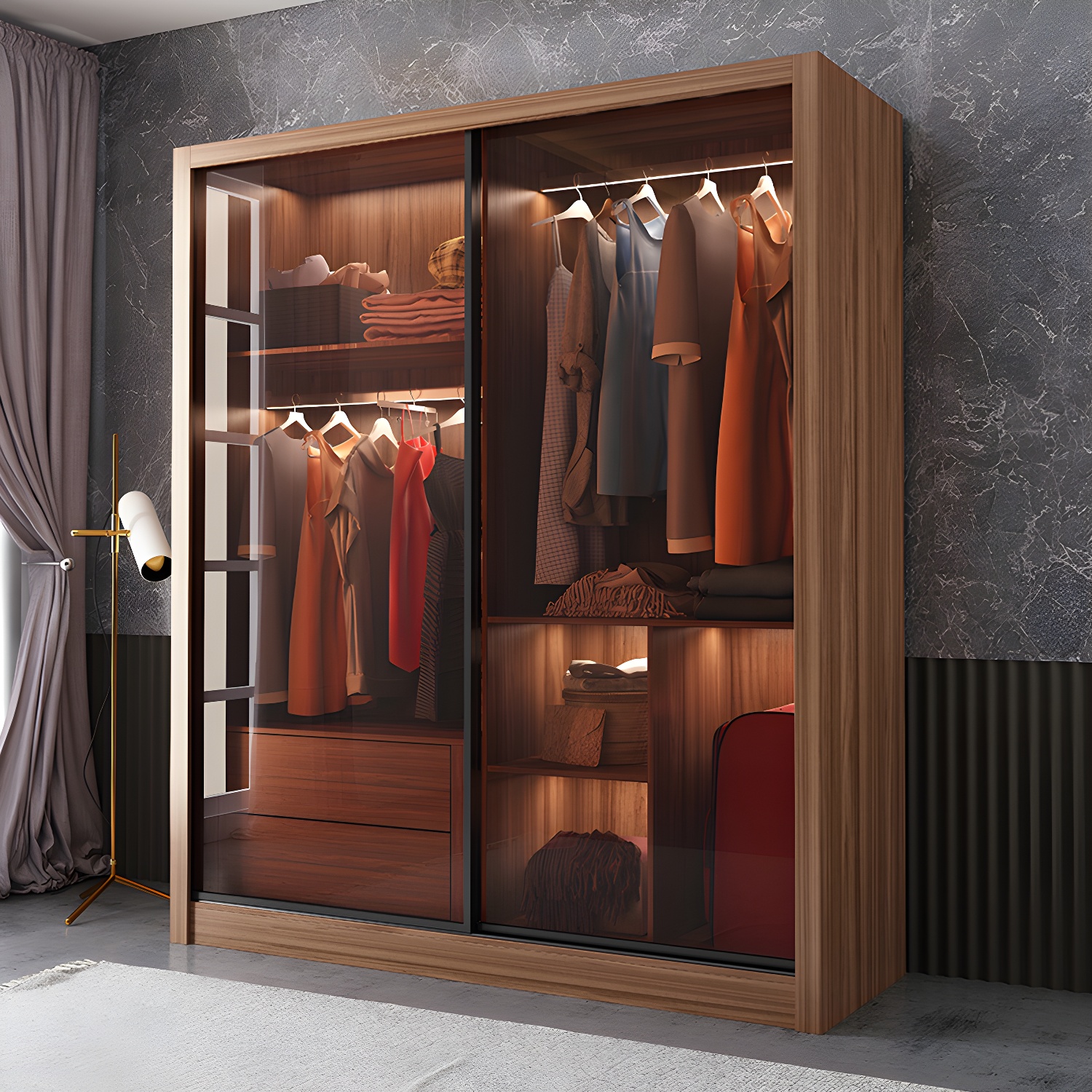 Bedroom Sliding Door Wardrobe Modern Brown Cabinet with Glass Doors
