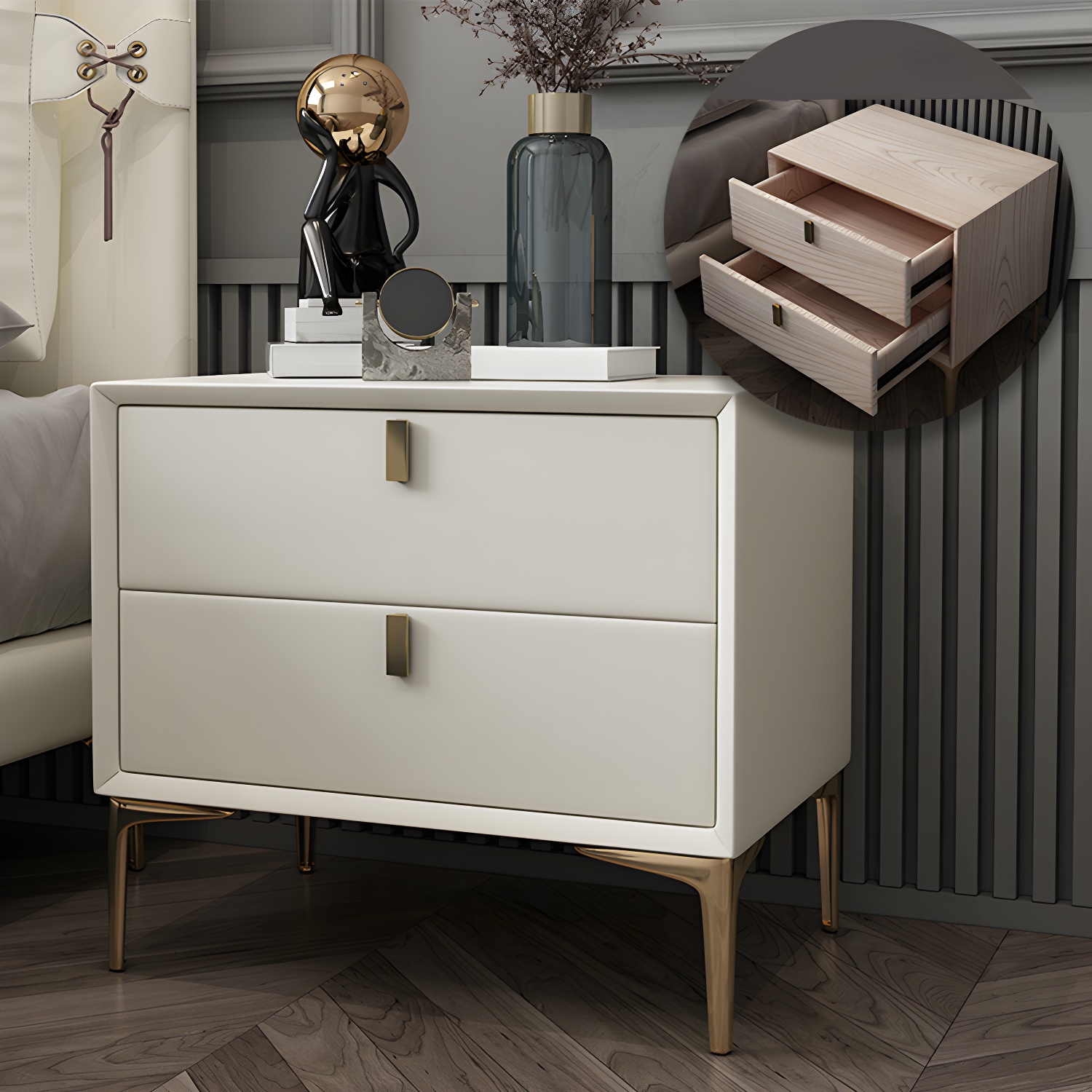 2 Drawer Solid Wood Modern Night Table Drawer Storage Bed Nightstand - image 2