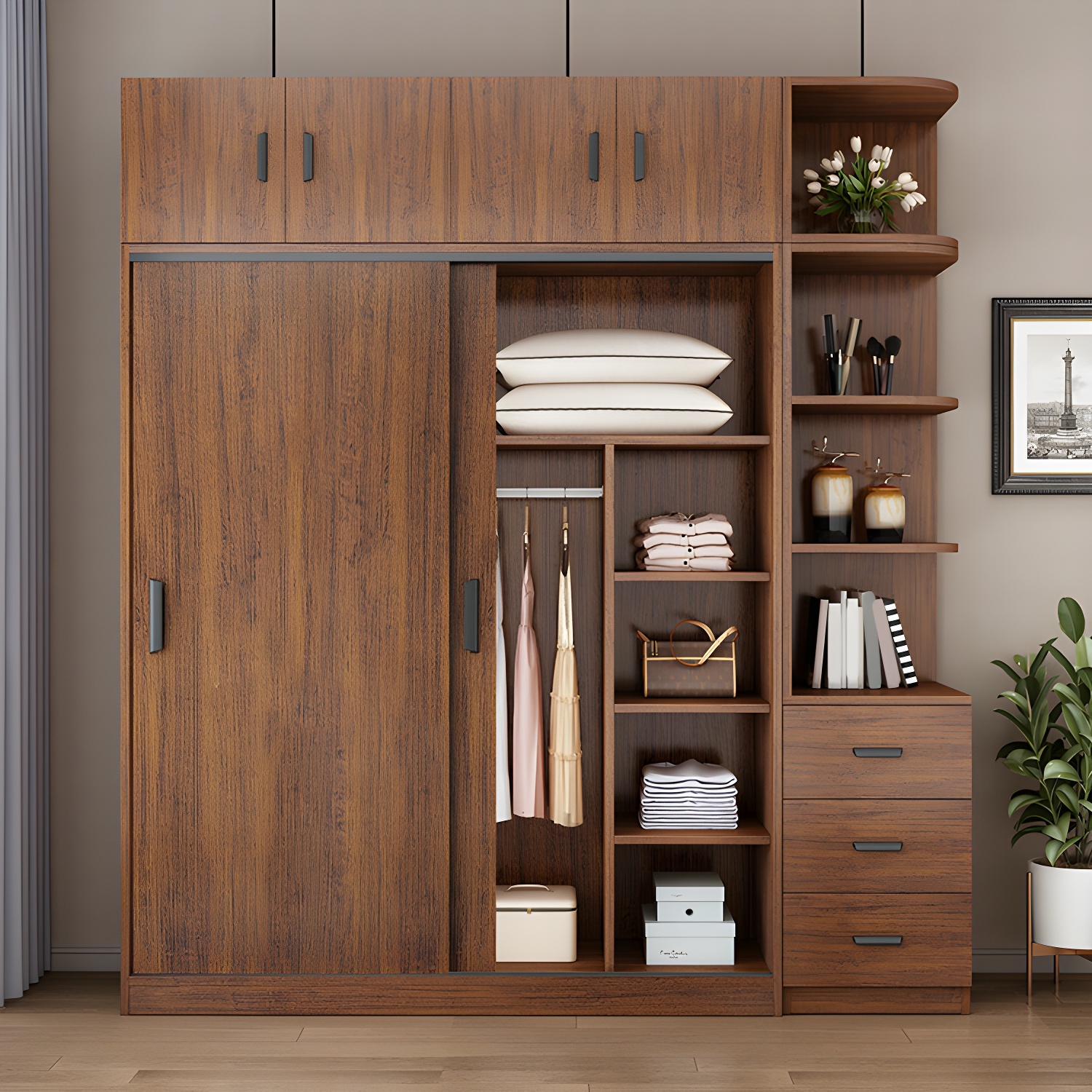 Contemporary Brown Wood Wardrobe Armoire with Clothing Rod & Shelves