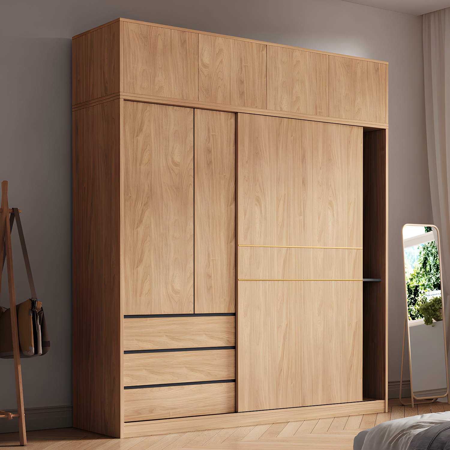 Natural Finish Wardrobe Armoire Sliding Wardrobe Cabinet with Drawer - image 4