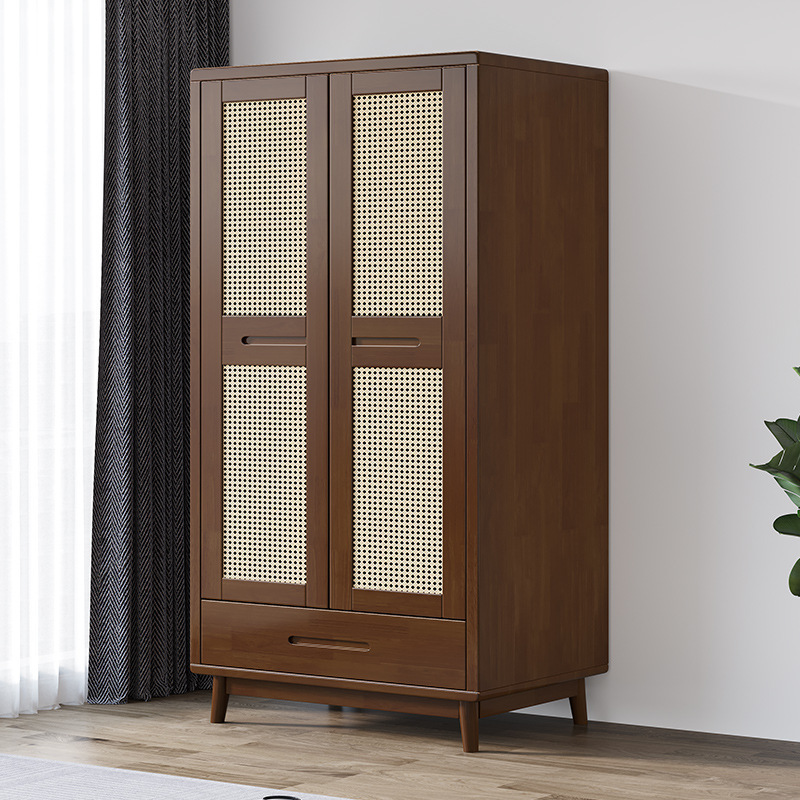 Minimalist Rubberwood Cabinet Armoire with Compartments, Interior Shelves, and Clothing Rod