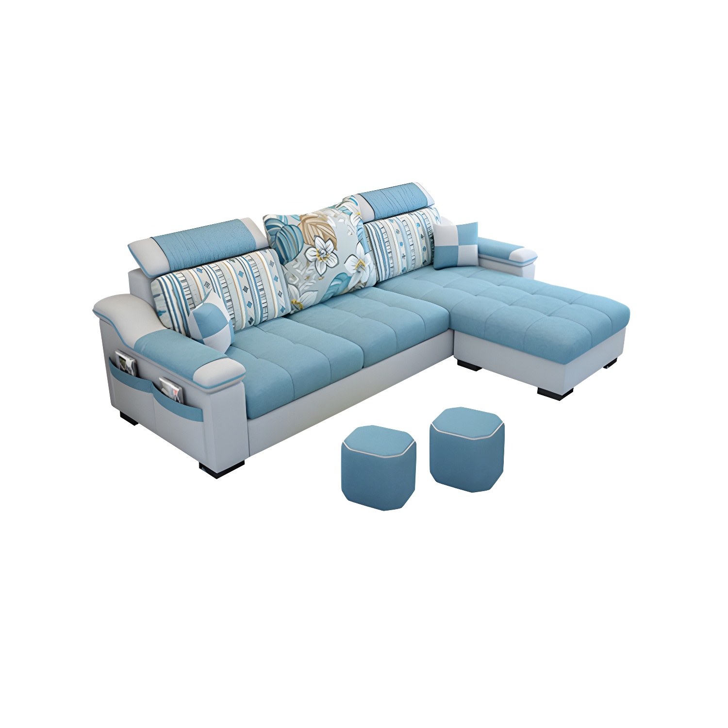 Modern Reversible Straight Sectional Sofa with Ottoman in Linen Upholstery, Sloped Arms