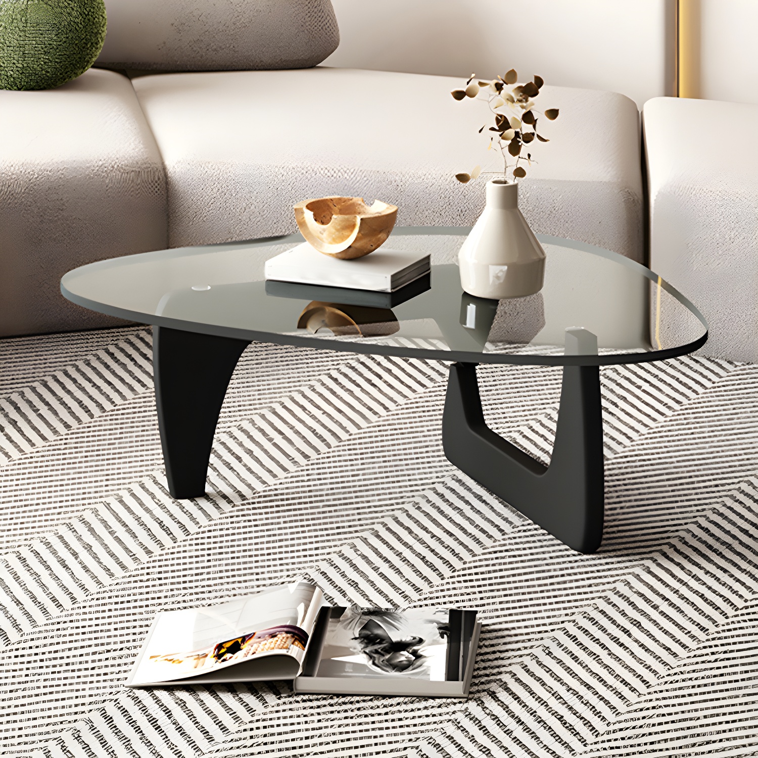 Contemporary Abstract Wooden Base Irregular Glass Top Coffee Table