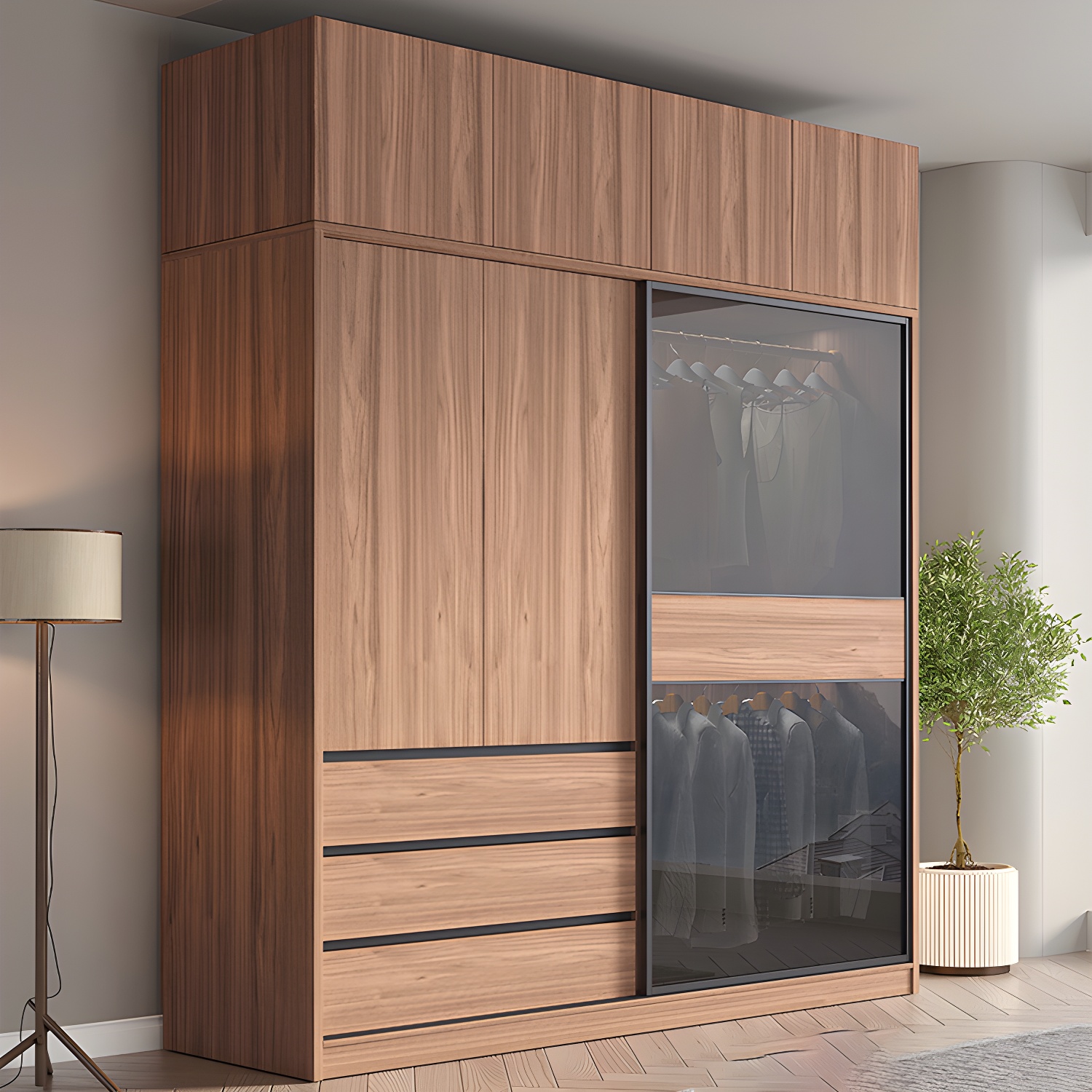 Glass and Wood Wardrobe Cabinet Brown Wardrobe Armoire with Garment Rod - image 4