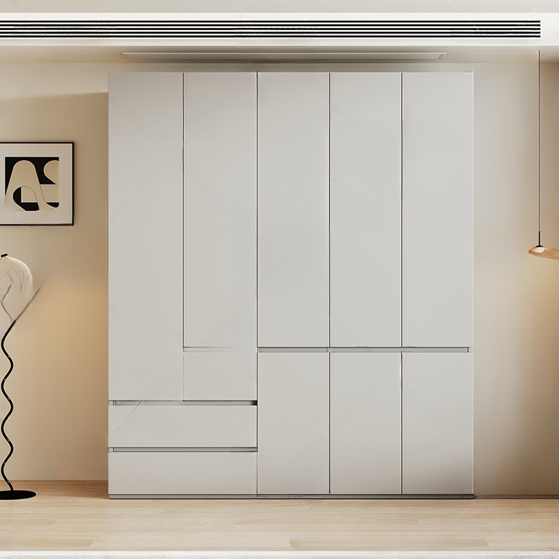 Cream Trendy Reclaimed Wood Wardrobe Armoire with Soft Close Drawer, Soft Close Door, Interior Shelves, and Clothing Rod