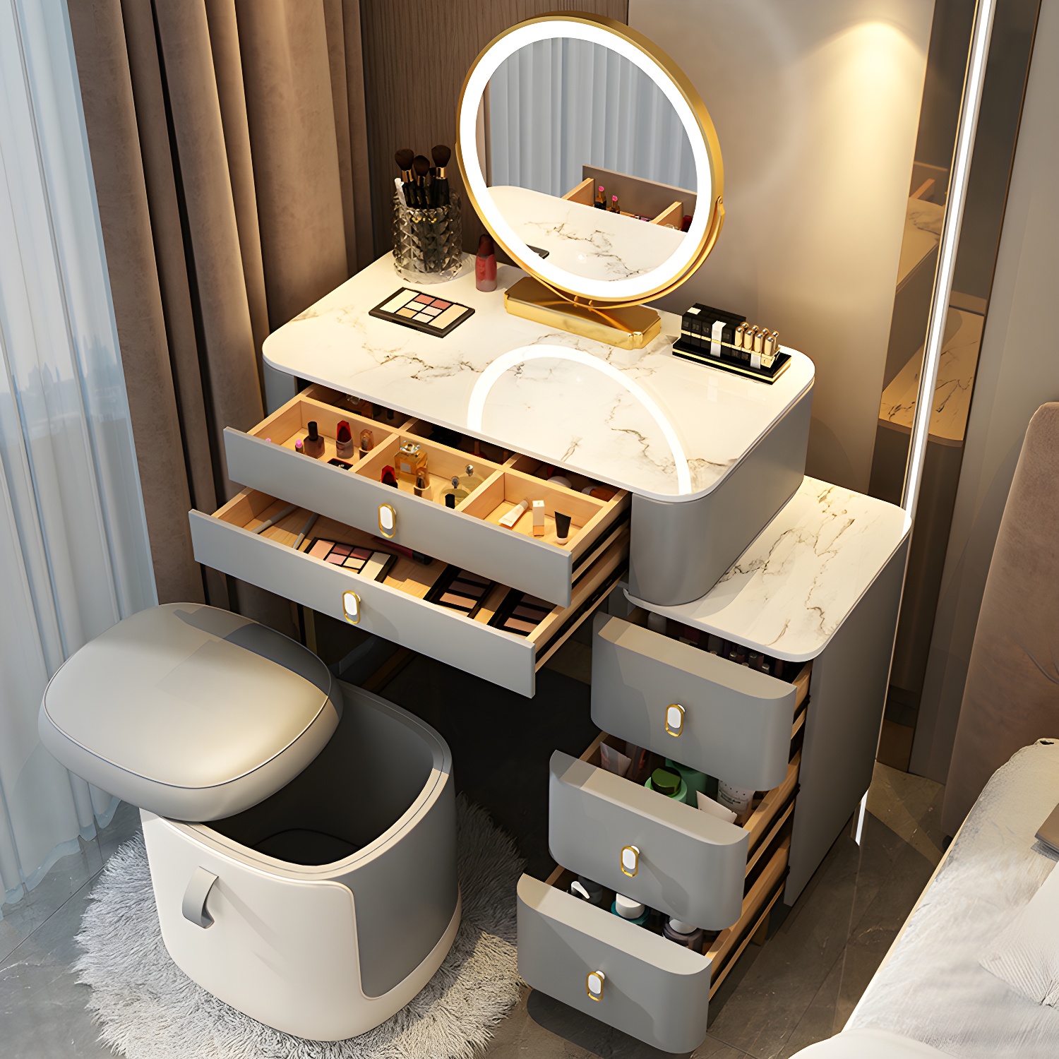Stone Top Vanity with Storage Drawers Makeup Vanity Desk with Stool and Mirror - image 7