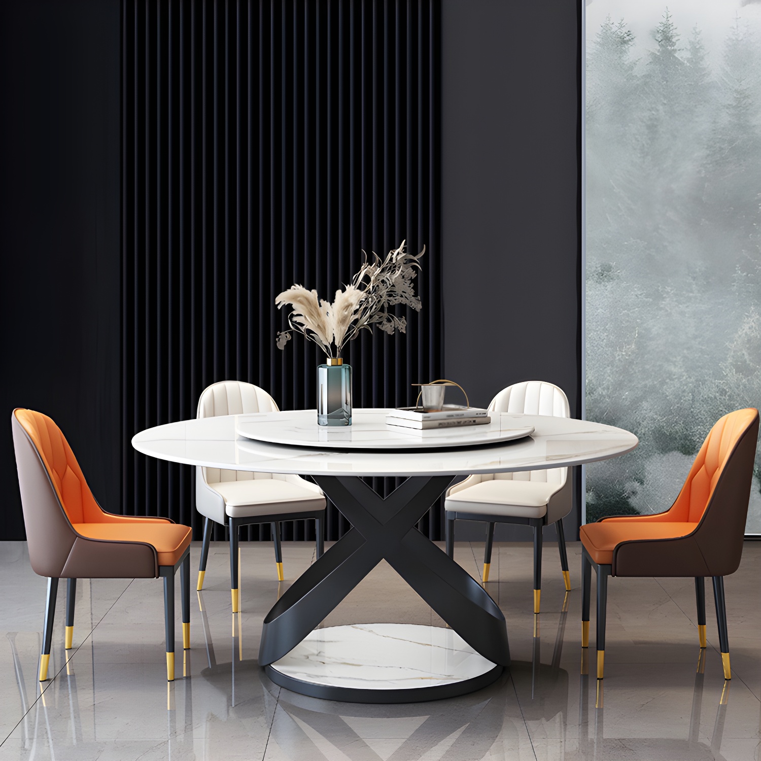 Modern Round Stone Top Lazy Susan Dining Table with Black Steel Pedestal - image 14