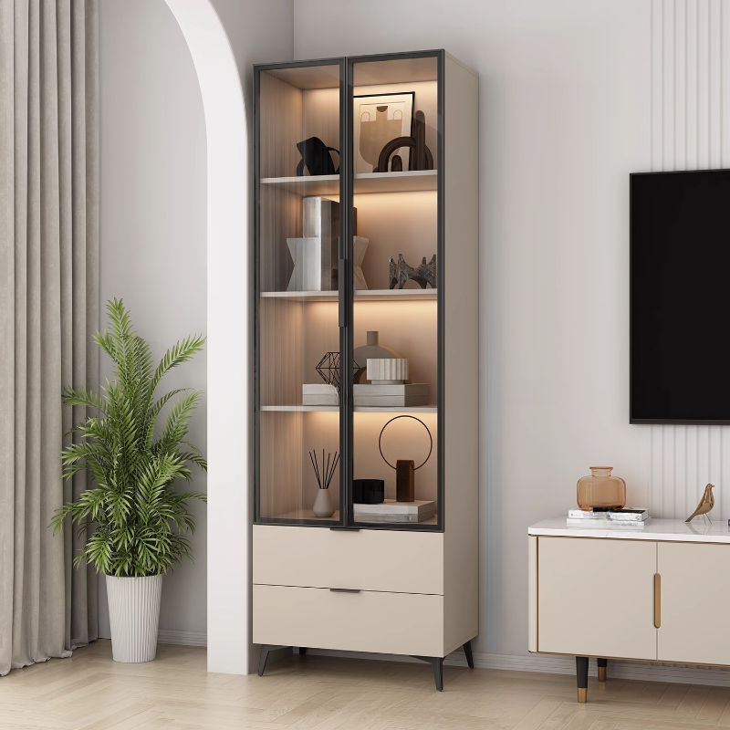 Brown Manufactured Wood Utility Storage Cabinet with Storage Cabinet, Glass Door, Cabinet Bars, Soft Close Drawer and Light