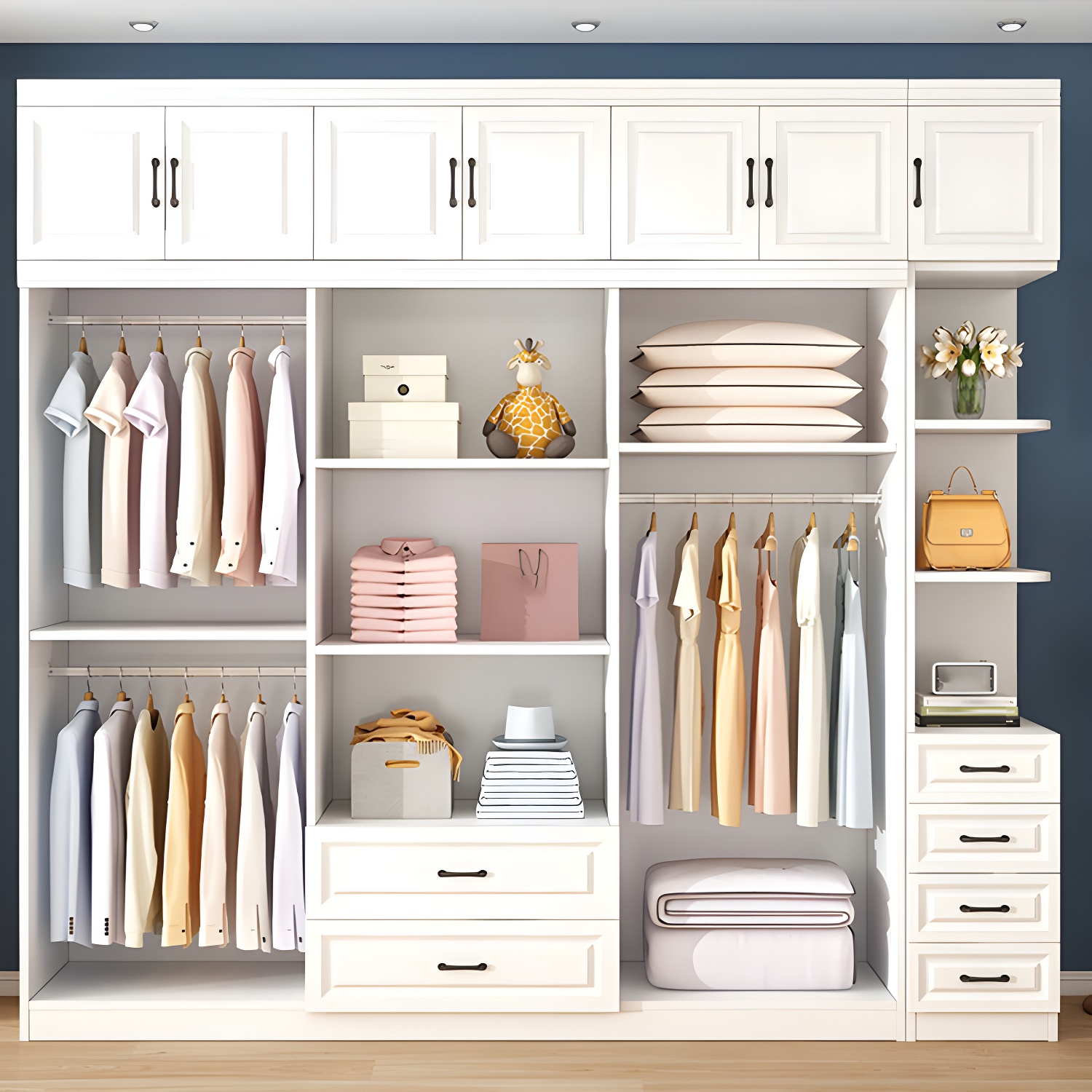 Modern White Wood Wardrobe Armoire with Soft-Close Drawers and Clothing Rod