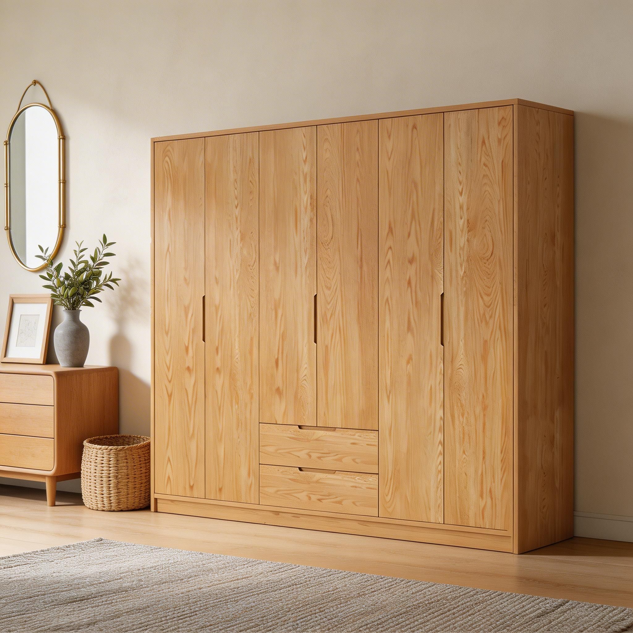 Modern Natural Wood Wardrobe Armoire with Sliding Doors, Drawers, and Shelves - image 15