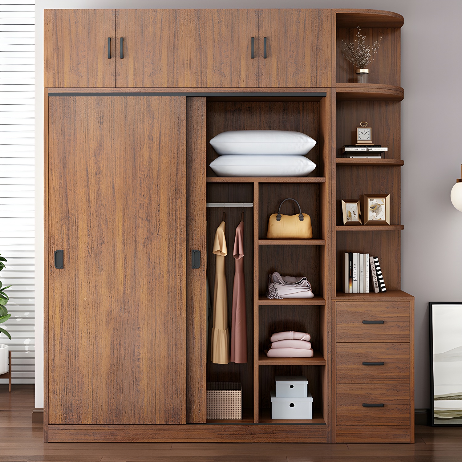 Modern Wooden Wardrobe Armoire with 3 Clothing Rods and Interior Shelves