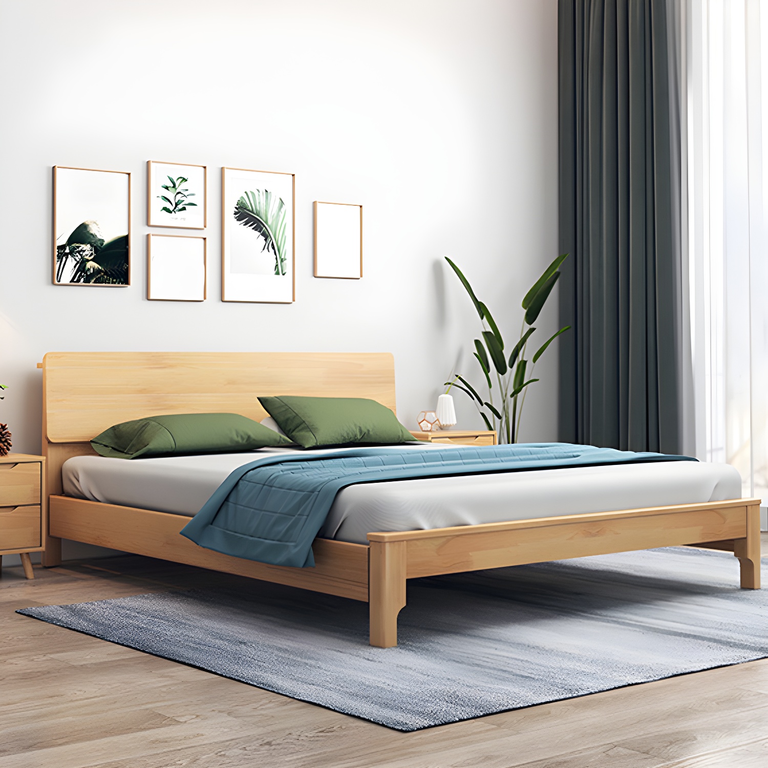 Scandinavian Solid Wood Bed with Rectangle Headboard and 4 Legs - image 4