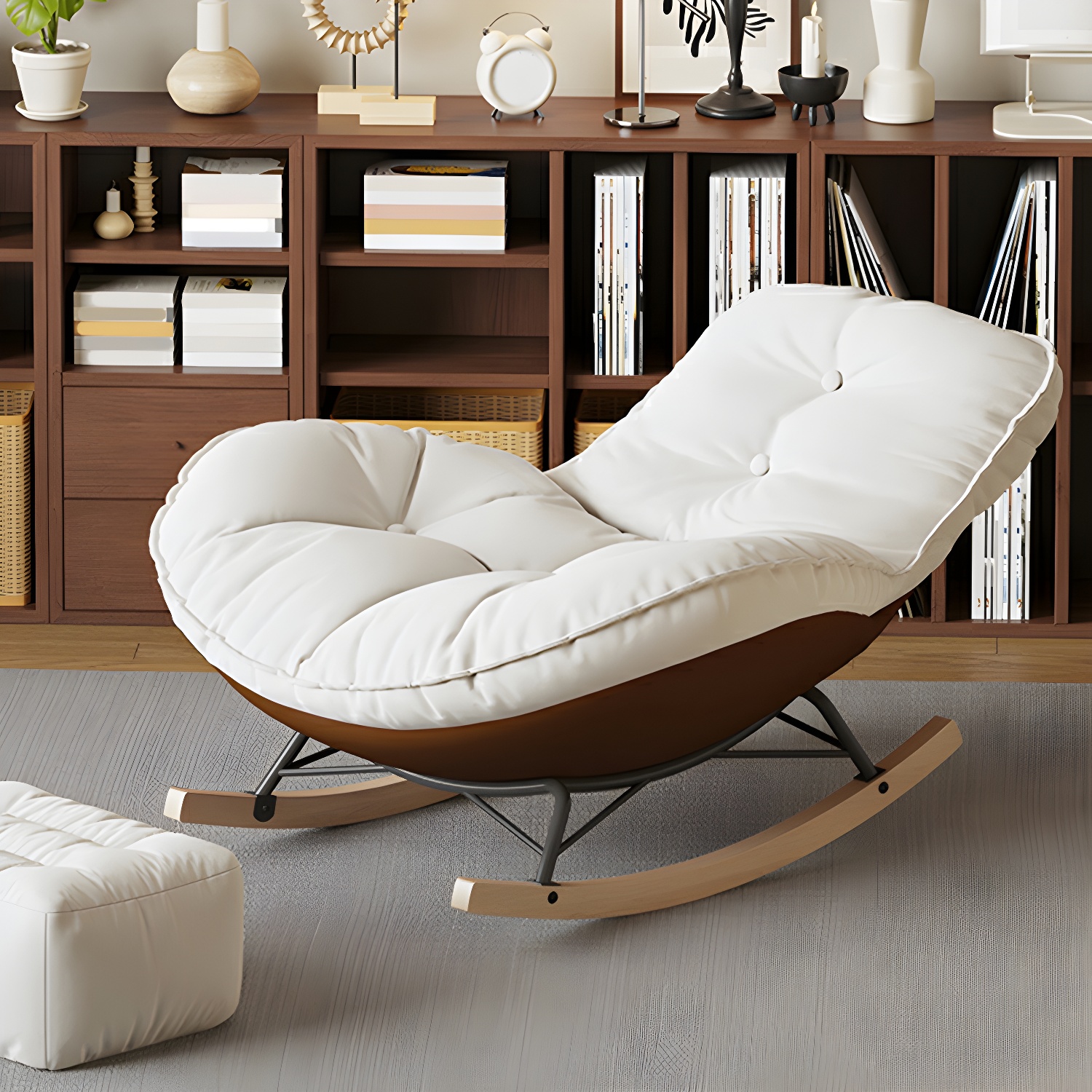 Contemporary Upholstered Rocking Chair with White Tufted Flannel Cushion and Solid Wood Legs - image 19