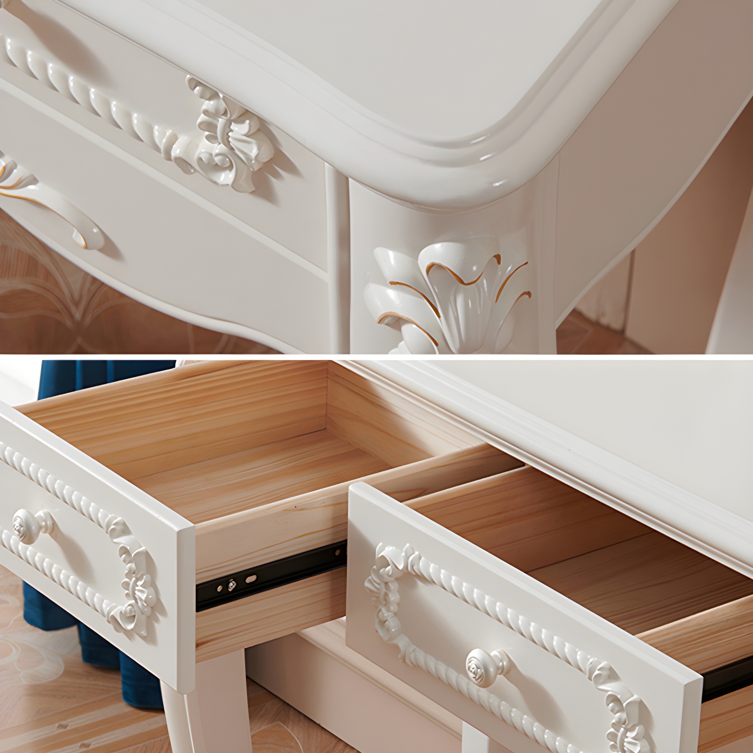 White Victorian Wood Vanity Dressing Table with Drawers Mirrored Makeup Vanity - image 11