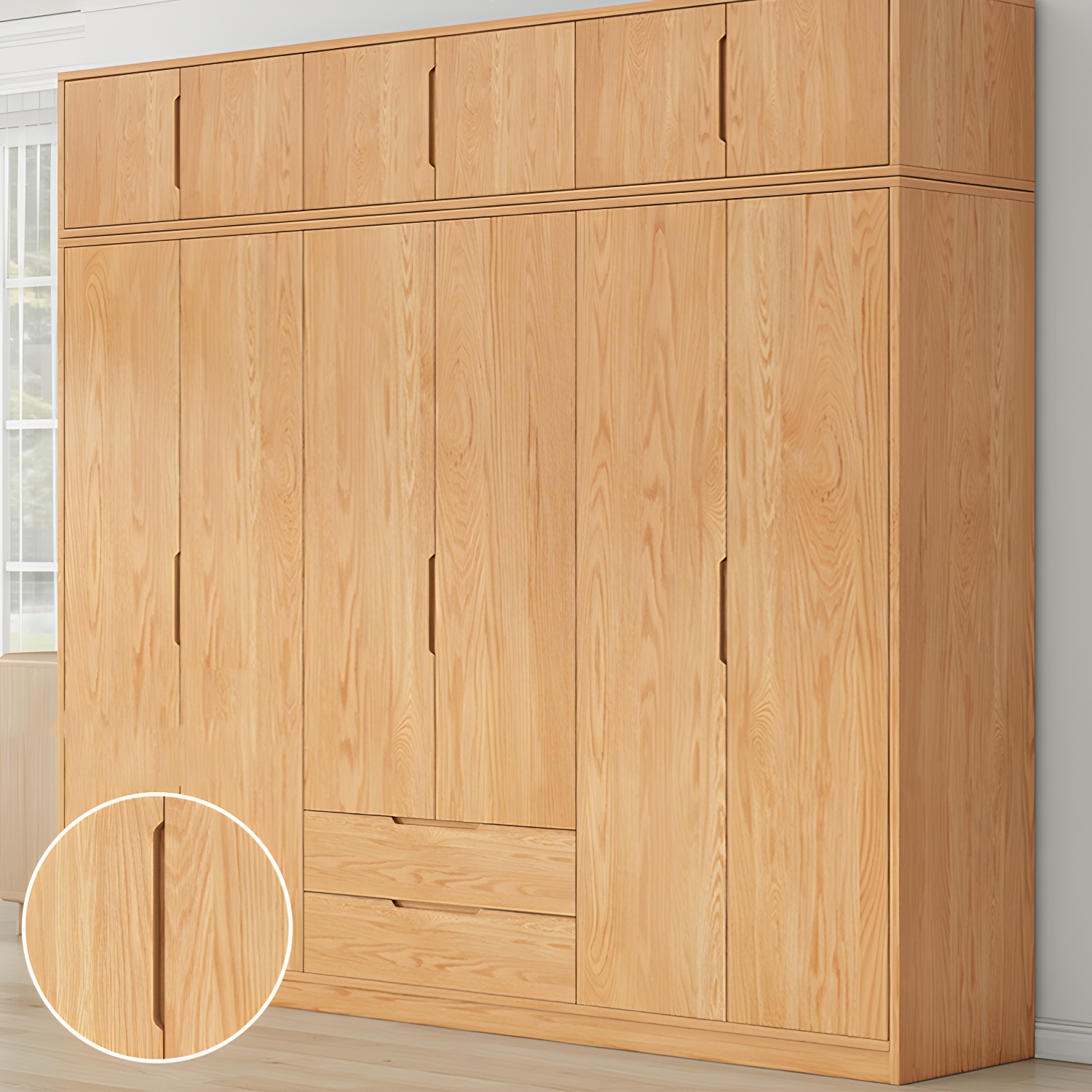 Modern Natural Wood Wardrobe Armoire with Sliding Doors, Drawers, and Shelves - image 11