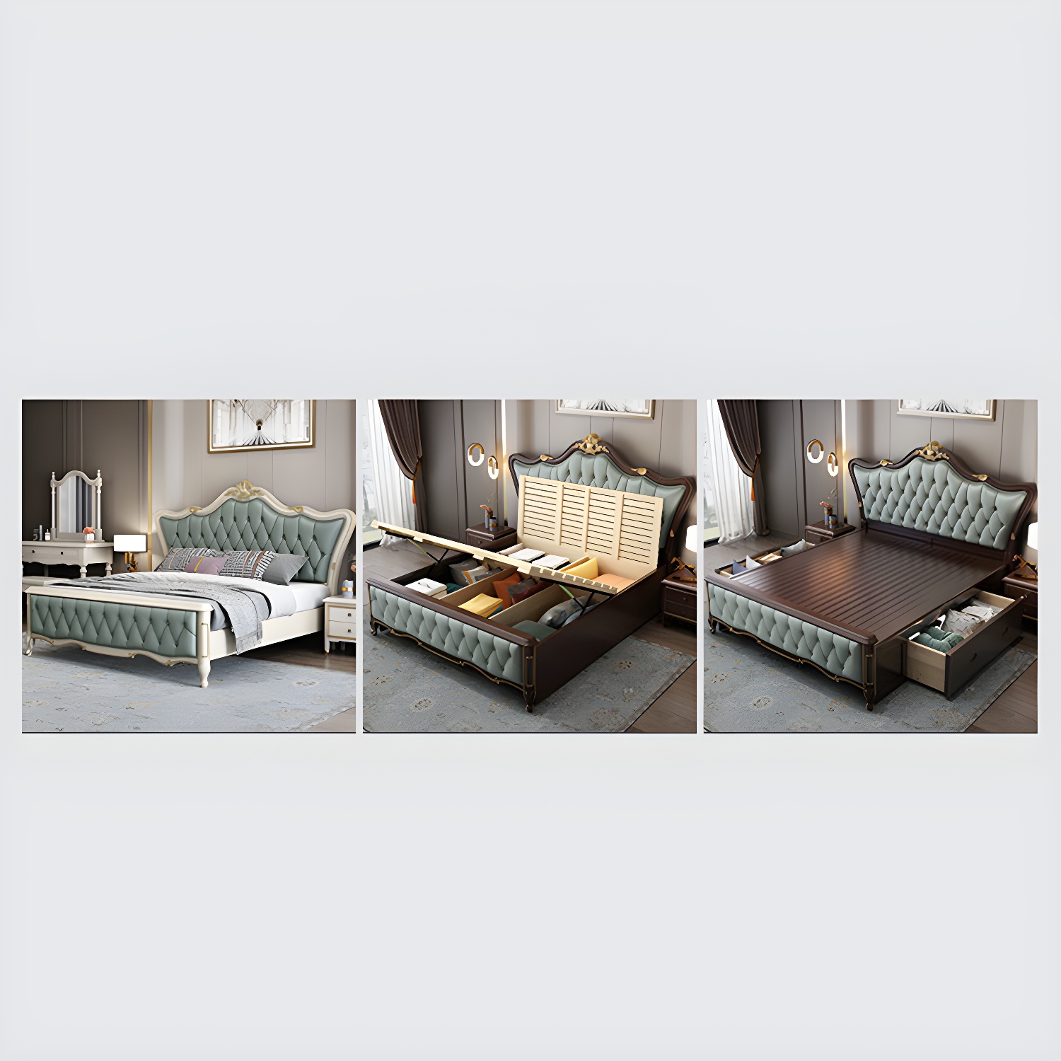 84.65 inch Wide Glam Bed Frame Rubberwood Solid Color Standard Bed with Headboard - image 14