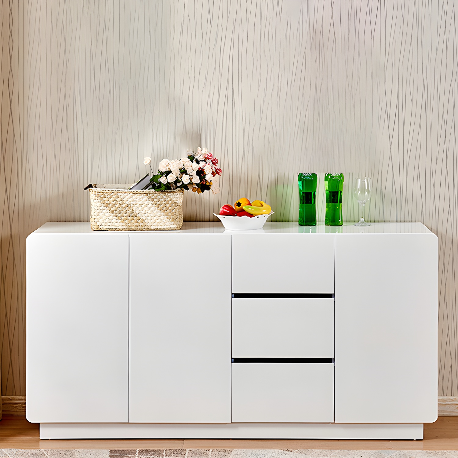 Contemporary White Sideboard Table with Drawers and Adjustable Shelving - image 3
