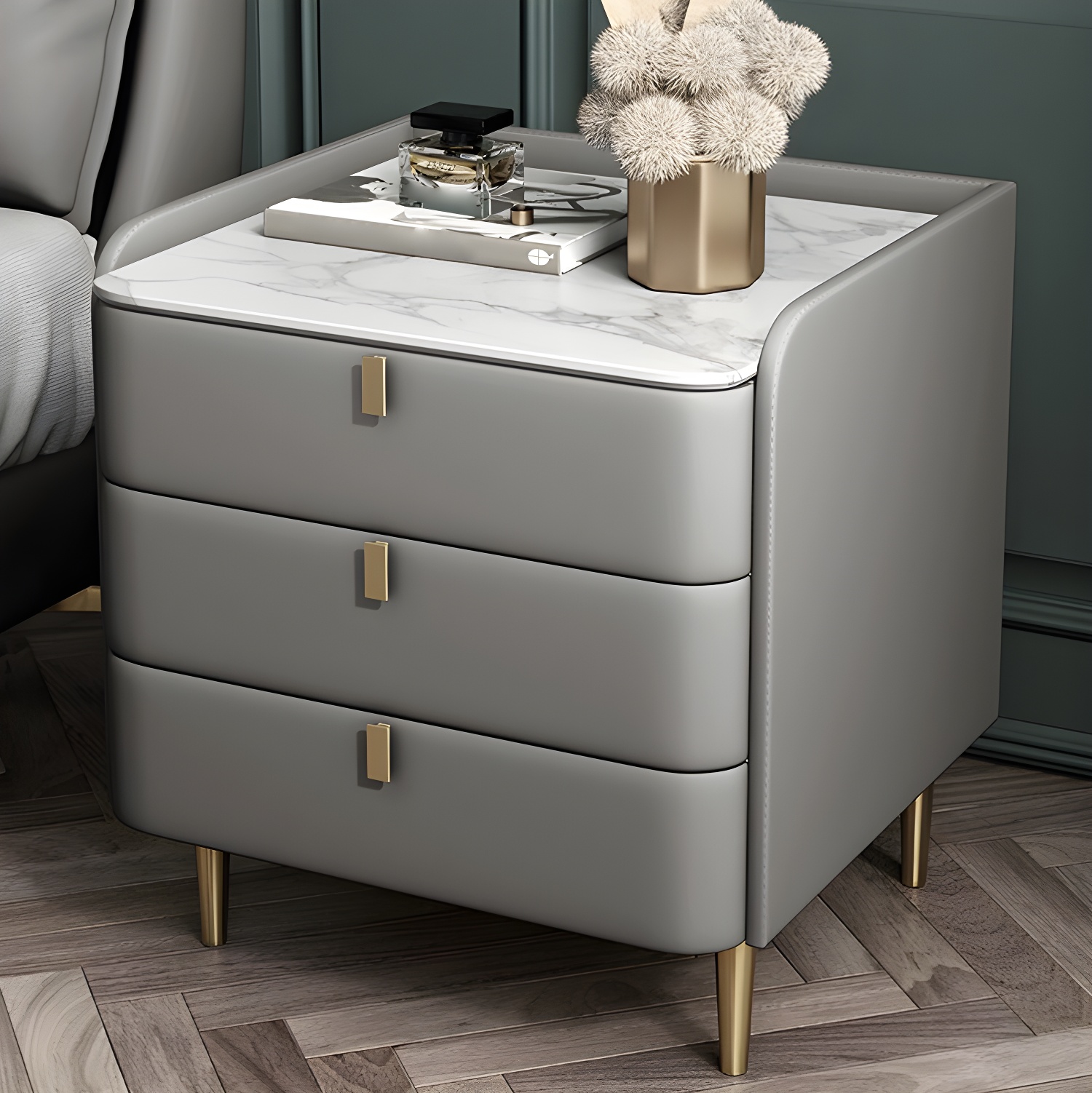 Stone Top Nightstand 3-drawer Leather Night Table with 4 Legs - image 7