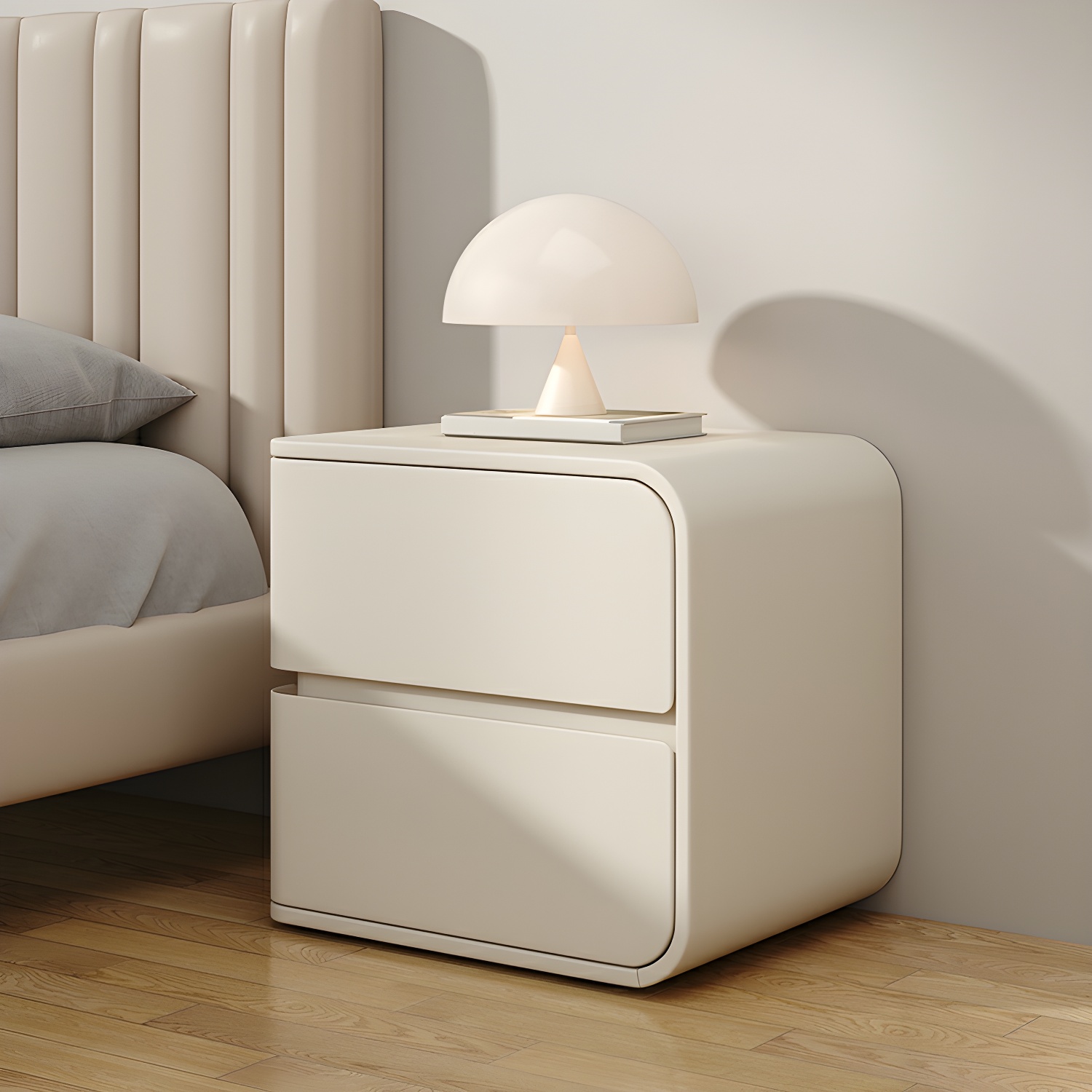 Rounded Corners Nightstands Solid Wood with Silent Buffer Guide Rail