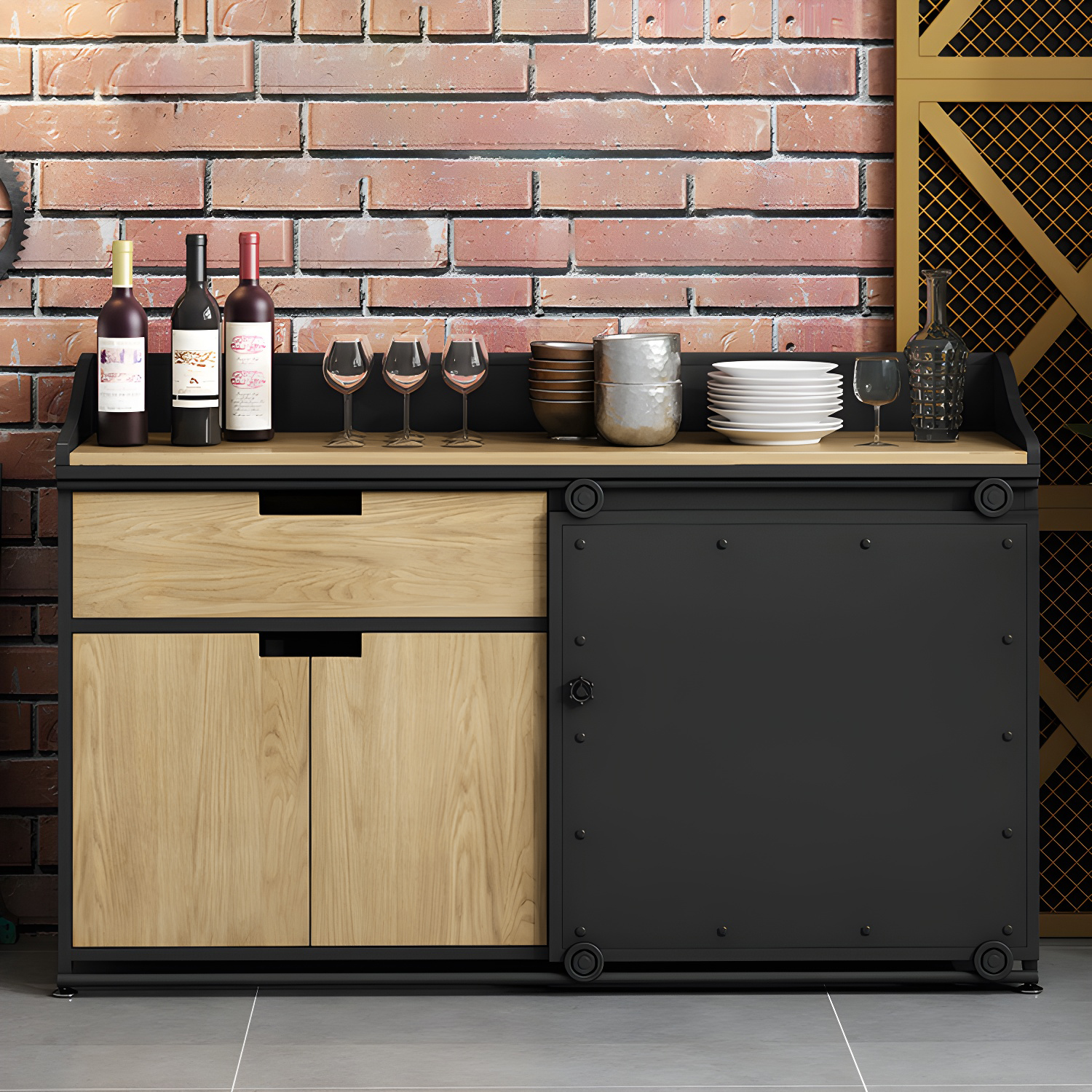 Modern Metal Sideboard with Wood Countertop, Cabinets, and Drawers - image 7