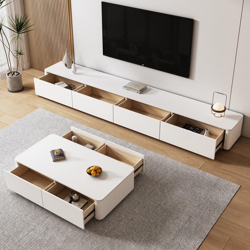 Ivory Rectangular Wall-supported TV Stand with 6 Drawers/5 Drawers