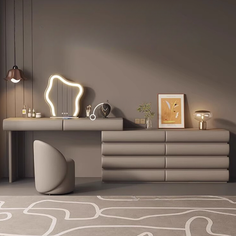 Multi-Purpose Tan Vanity Set with 10 Drawers, Lighting, Scalable, Adjustable Touch, and Adjustable Brightness