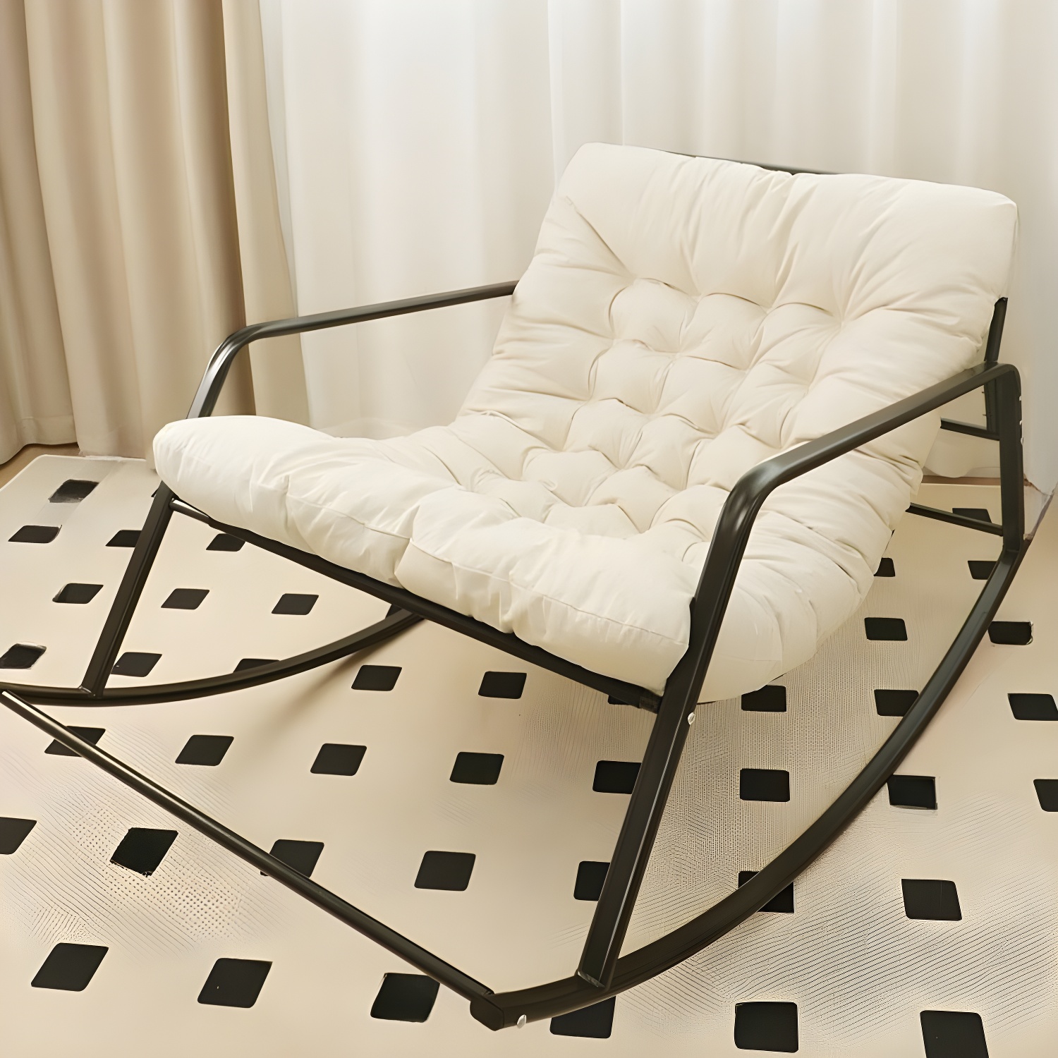 Modern Indoor Rocking Chair with Track Arms, Spindle Back and Metal Legs