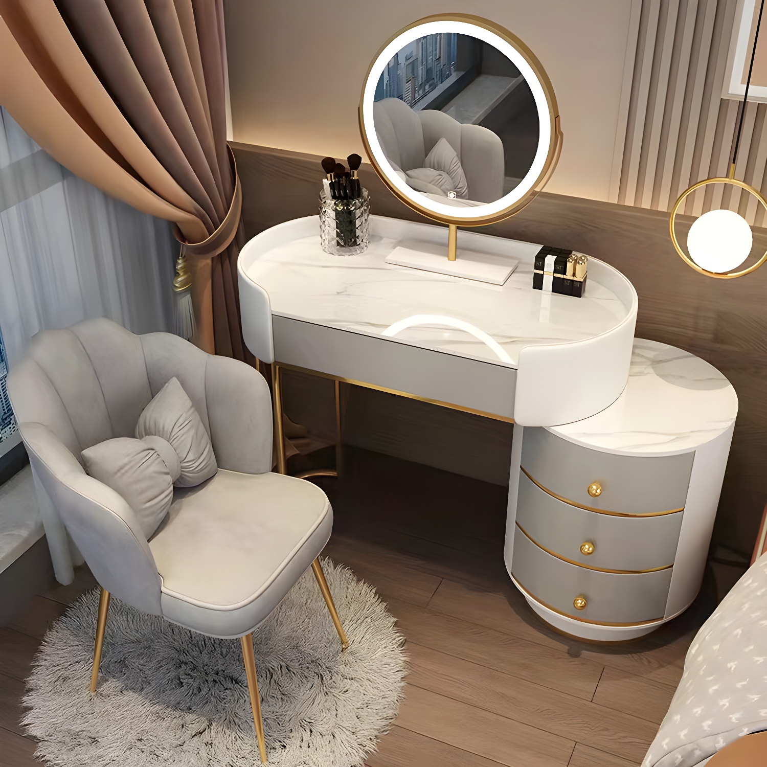Wooden Makeup Vanity Desk Lighted Mirror Vanity Dressing Table Set with Drawer - image 4