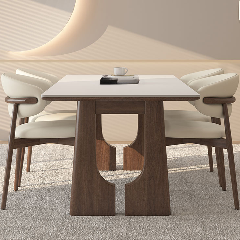 Dining Table Set with Slate Two-sided Pedestal, Upholstered Back, Fixed Table, Padded Chair, and White Top