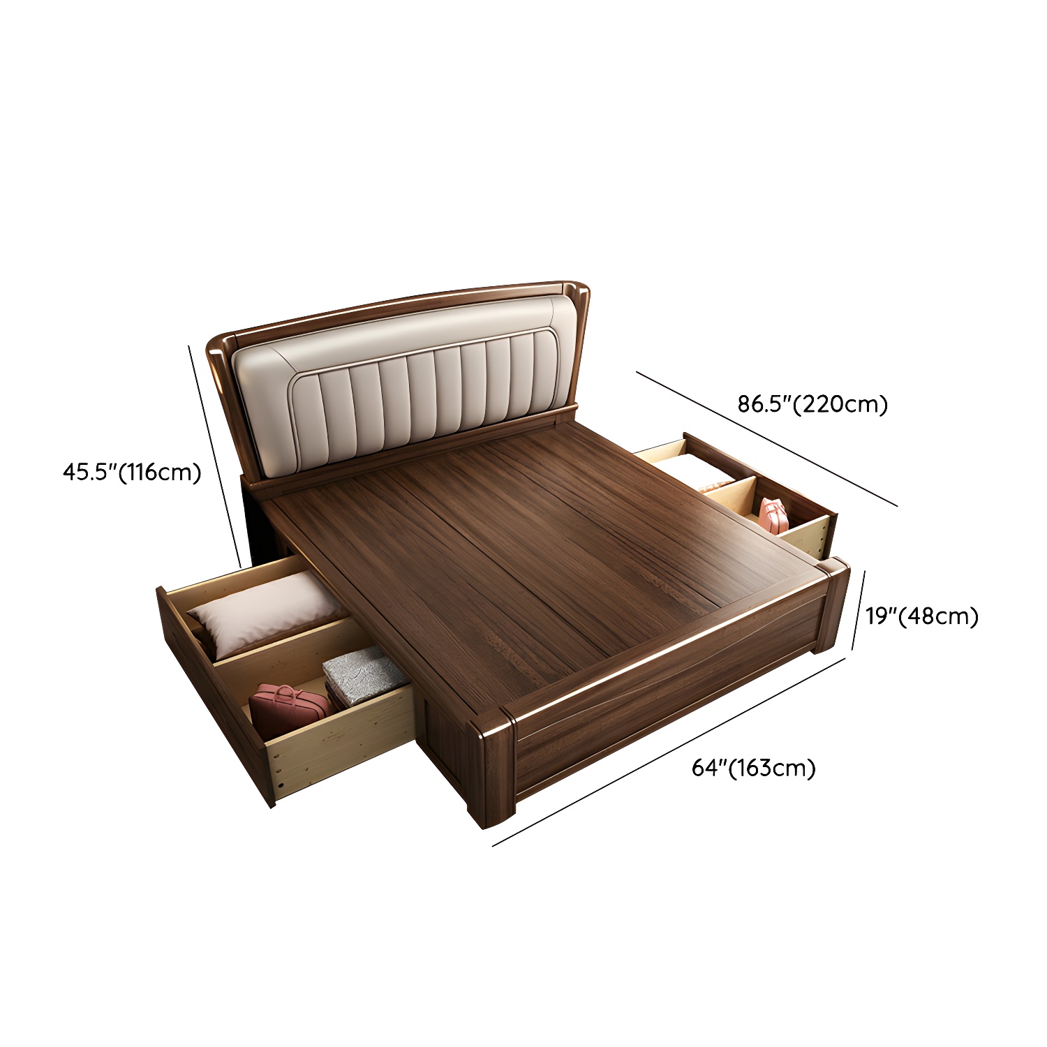 Traditional Walnut Wood Brown Bed with Rectangular Upholstered Headboard for Bedroom - image 14