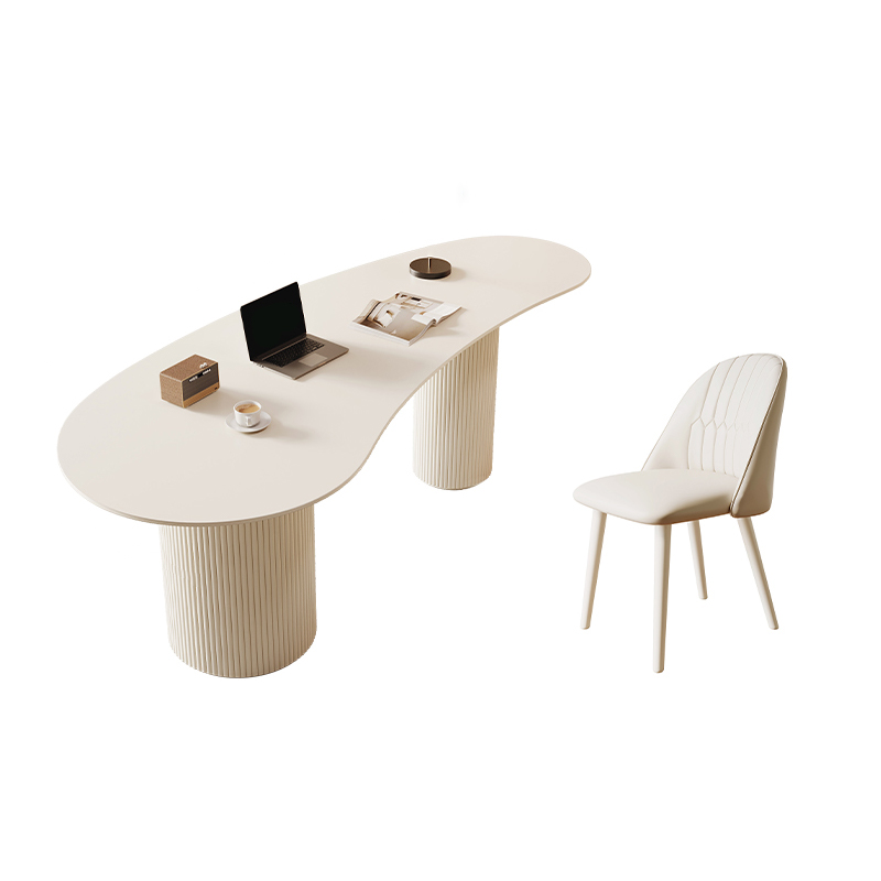 Fixed Free Form Dining Table Set with Double Pedestal, a Chalk Slate Tabletop and Upholstered Chairs in an Art Deco Style