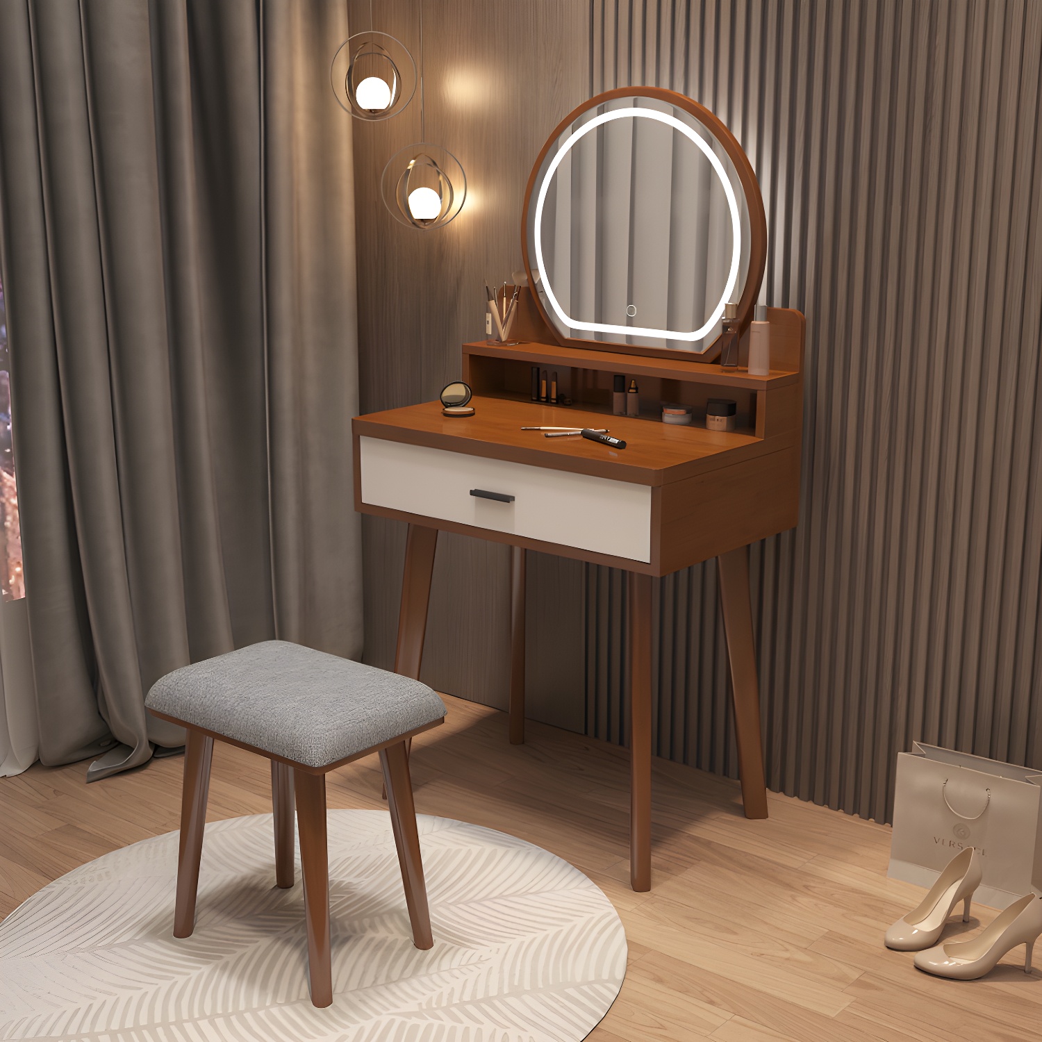 Traditional Bedroom With Drawer Solid Wood Lighted Mirror Make-up Vanity - image 7