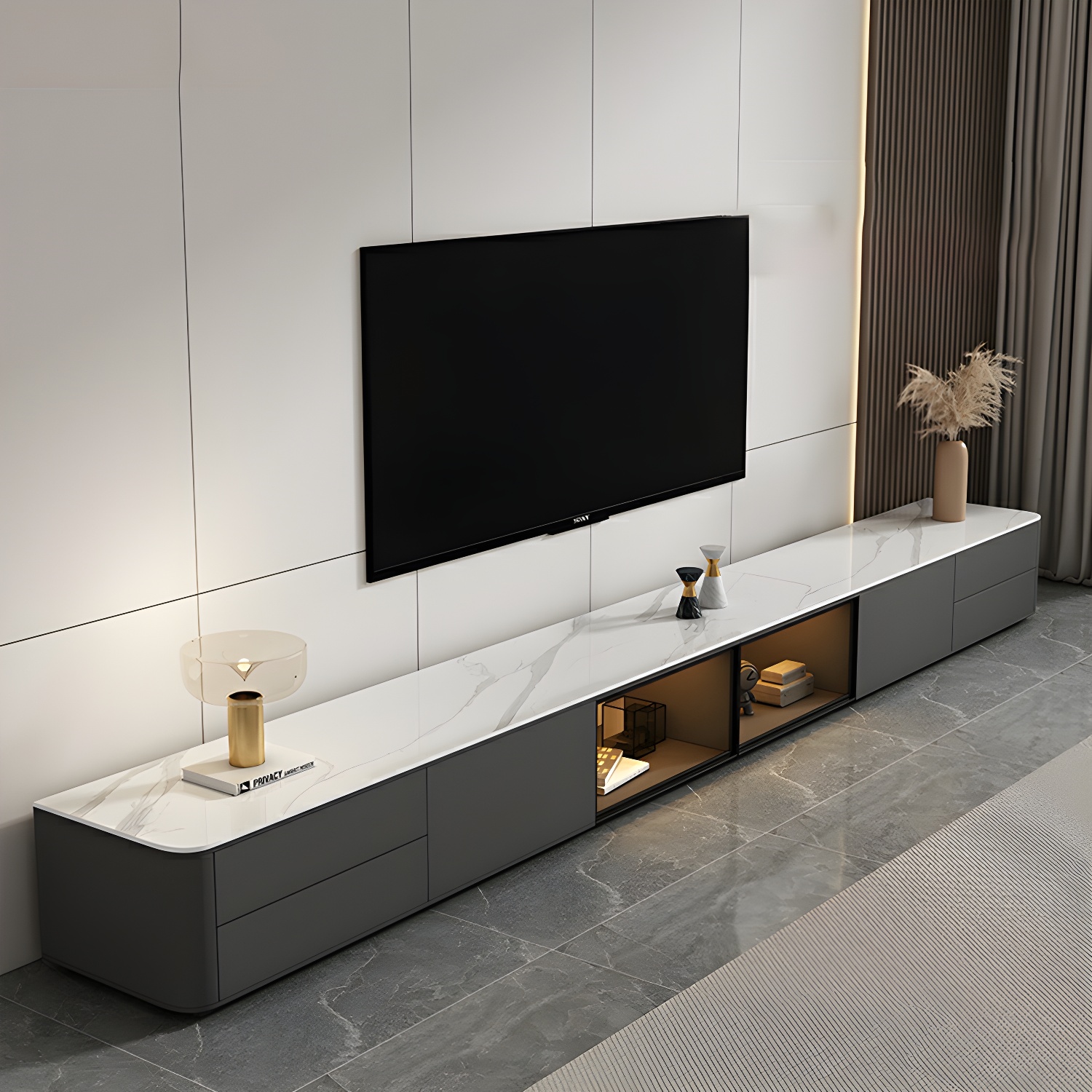 Grey Stone TV Stand with Drawers and Cabinet and No Cable Management for Modern-Style Long TVs