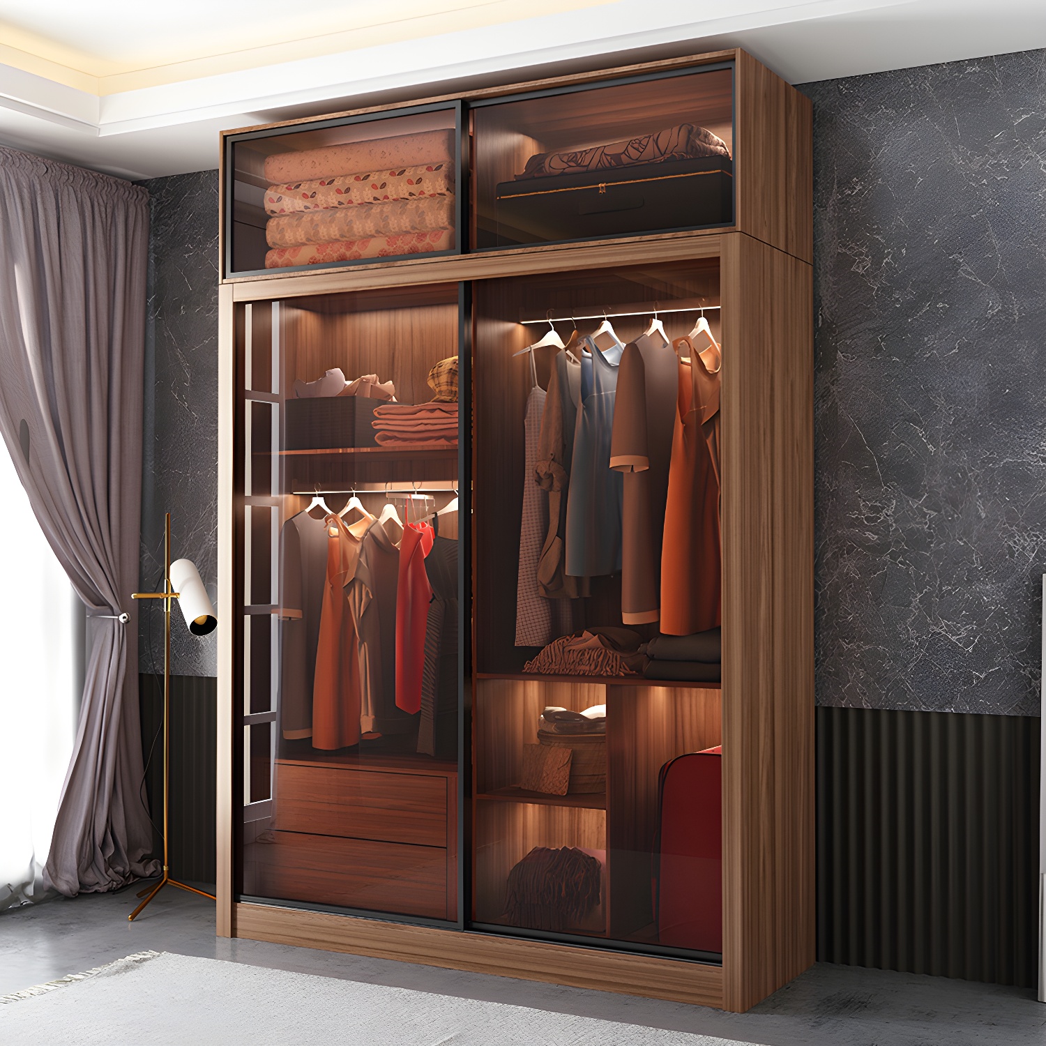 Bedroom Sliding Door Wardrobe Modern Brown Cabinet with Glass Doors - image 4