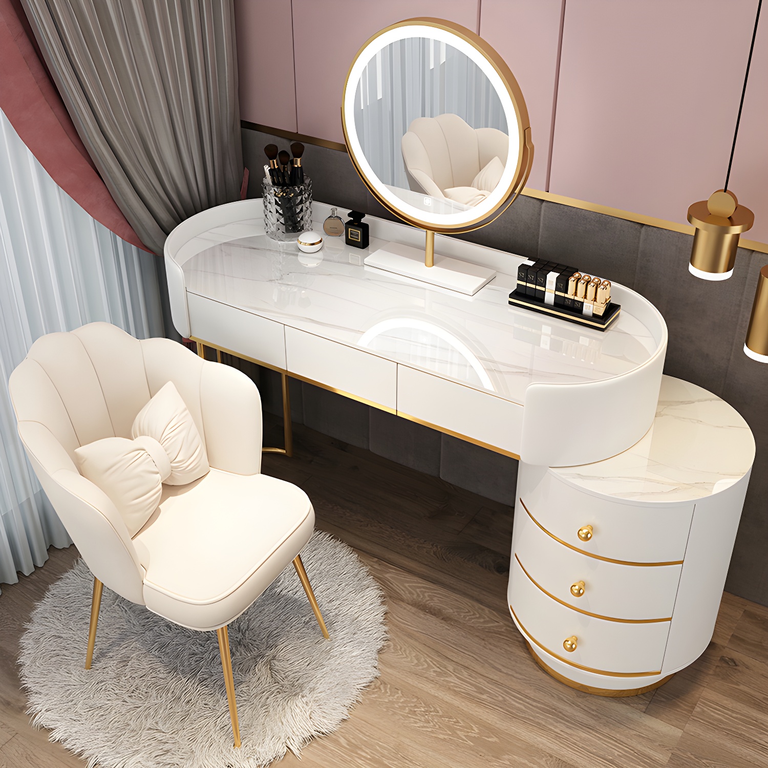 Contemporary Bedroom Metallic Lighted Mirror With Drawer Makeup Vanity Set - image 6