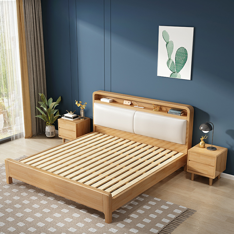 Scandinavian Solid Wood Bed with Four Legs and Upholstered Headboard - image 3