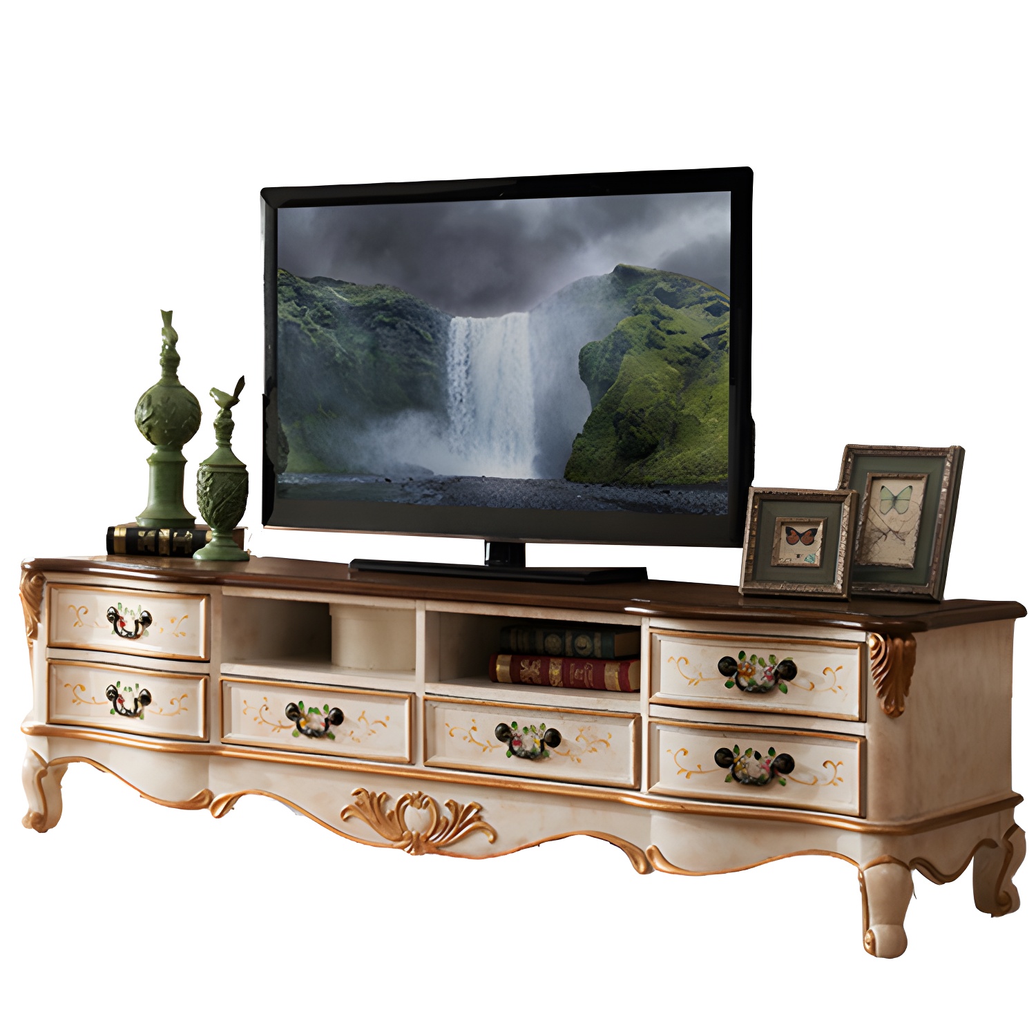 Vintage Birch Wood Media Console Matte Finish TV Media Stand with Drawers and Open Storage - image 7
