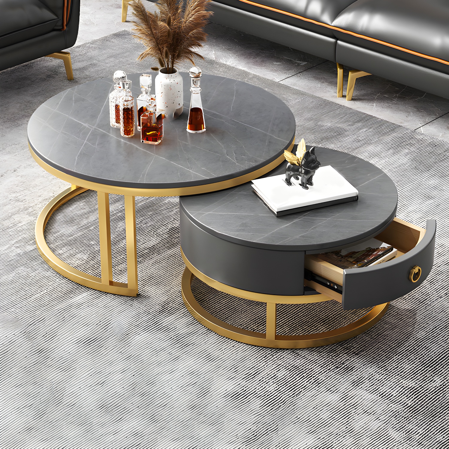 Modern Nesting Coffee Table Set Frame Round Coffee Table Set with Drawer - image 19