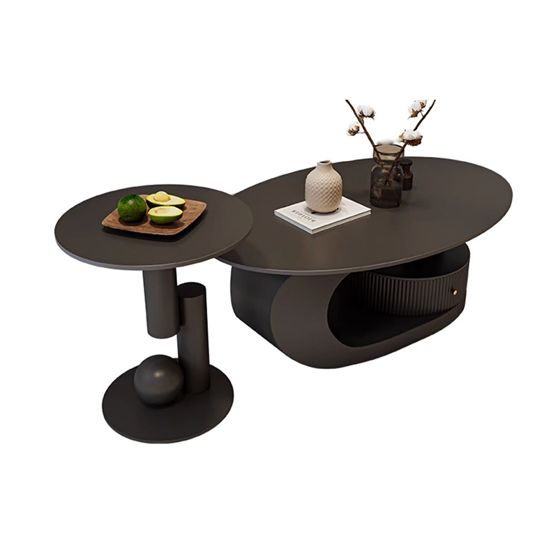 Modern Oval Stone Top Coffee Table, Abstract Iron Base, Scratch Resistant - image 8