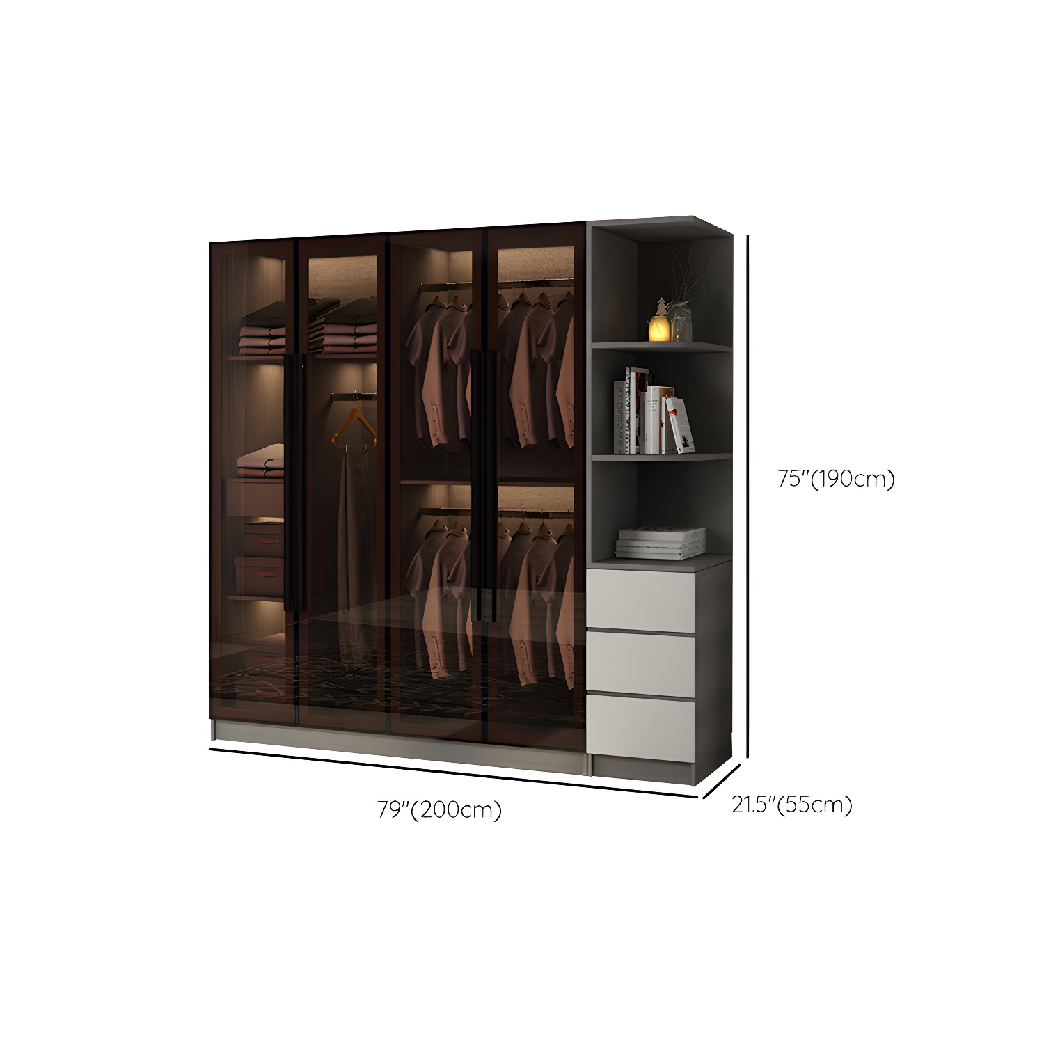 Modern Glass Hinged Doors Wardrobe Armoire Wood Frame Wardrobe with Shelves without Light - image 20