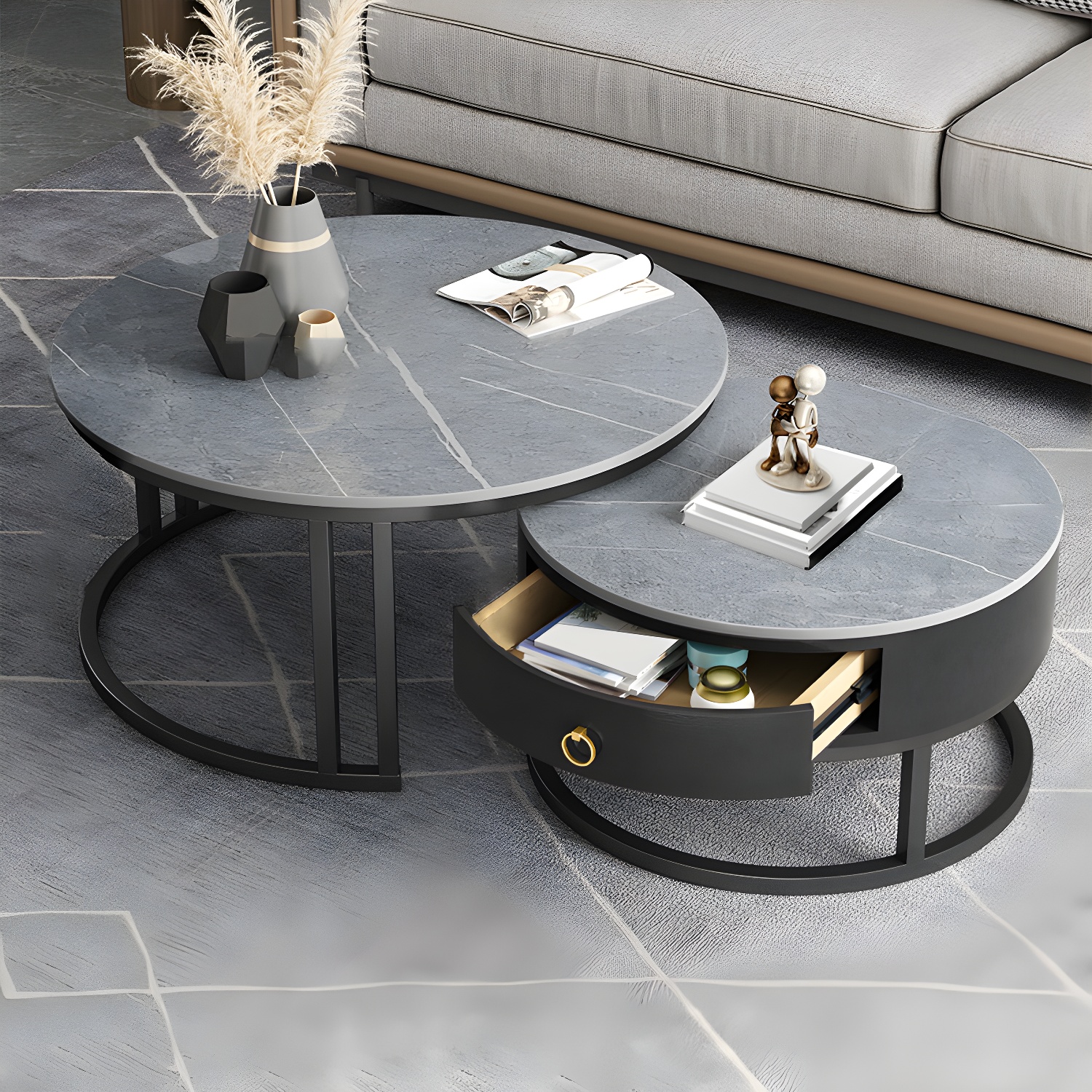 Contemporary Nesting Coffee Table Set Stone Frame Coffee Table Set