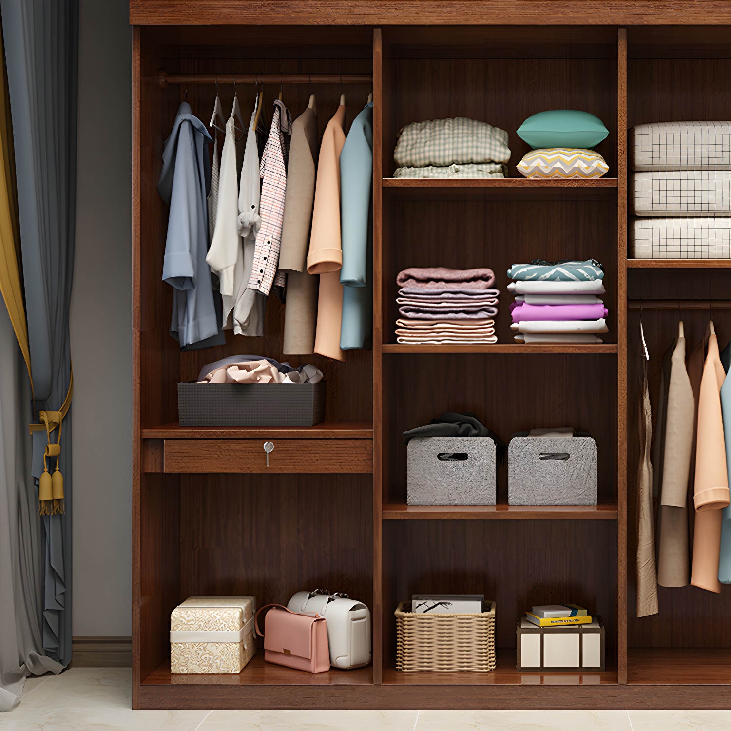 Brown Walnut Solid Wood Wardrobe Traditional Freestanding Wardrobe Armoire - image 6