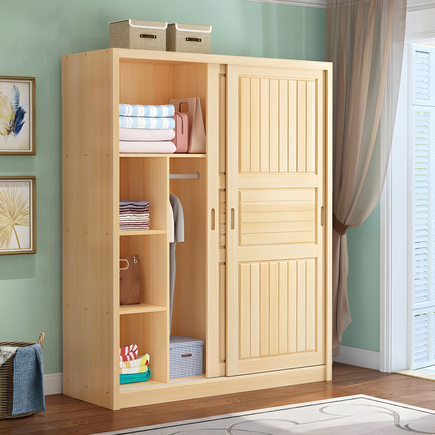Contemporary Solid Wood Sliding Door Wardrobe Cabinet with Shelves