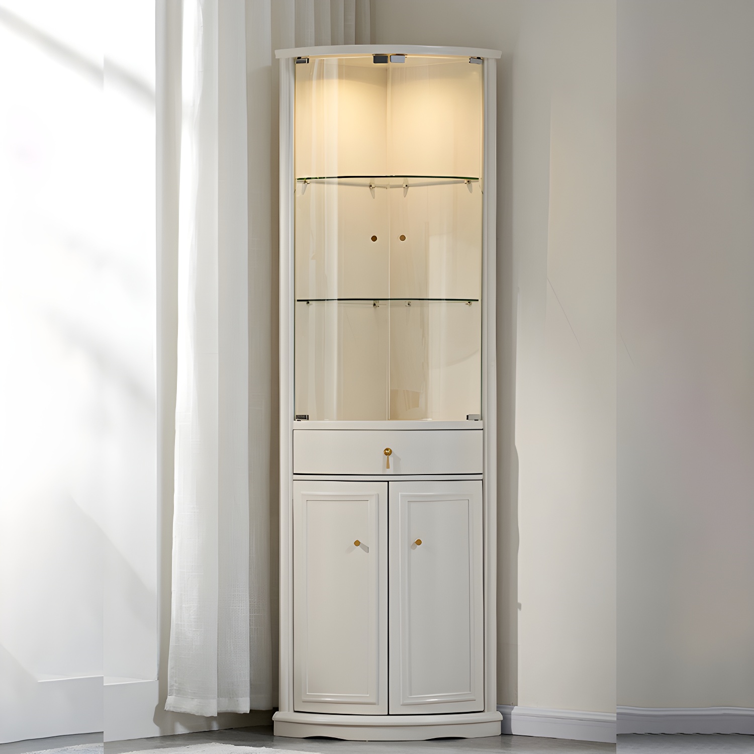 Corner Mid-Century Modern Accent Cabinet with Wood Countertop, Glass Doors, and Drawers Included - image 7