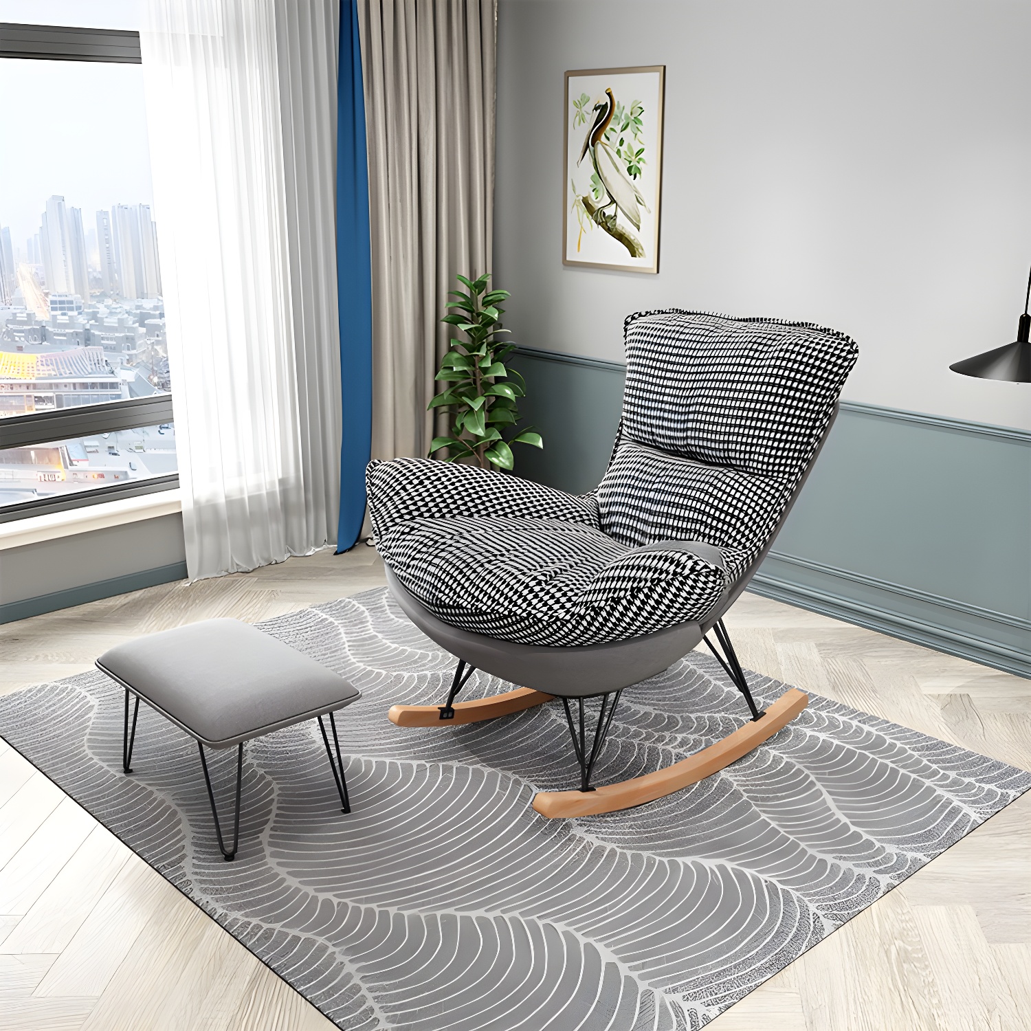 Modern Glider Chair Pure Color Metal Dark Legs Rocking Chair with Ottoman